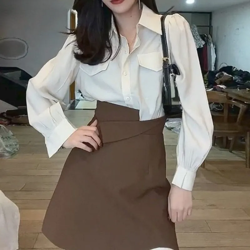 -hoco dresses 2 Piece Dress Set Women Long Sleeve Blouse   Y2k Mini Skirts Fashion Suits Office Lady Korean Fashion Clothing  Autumn Chic