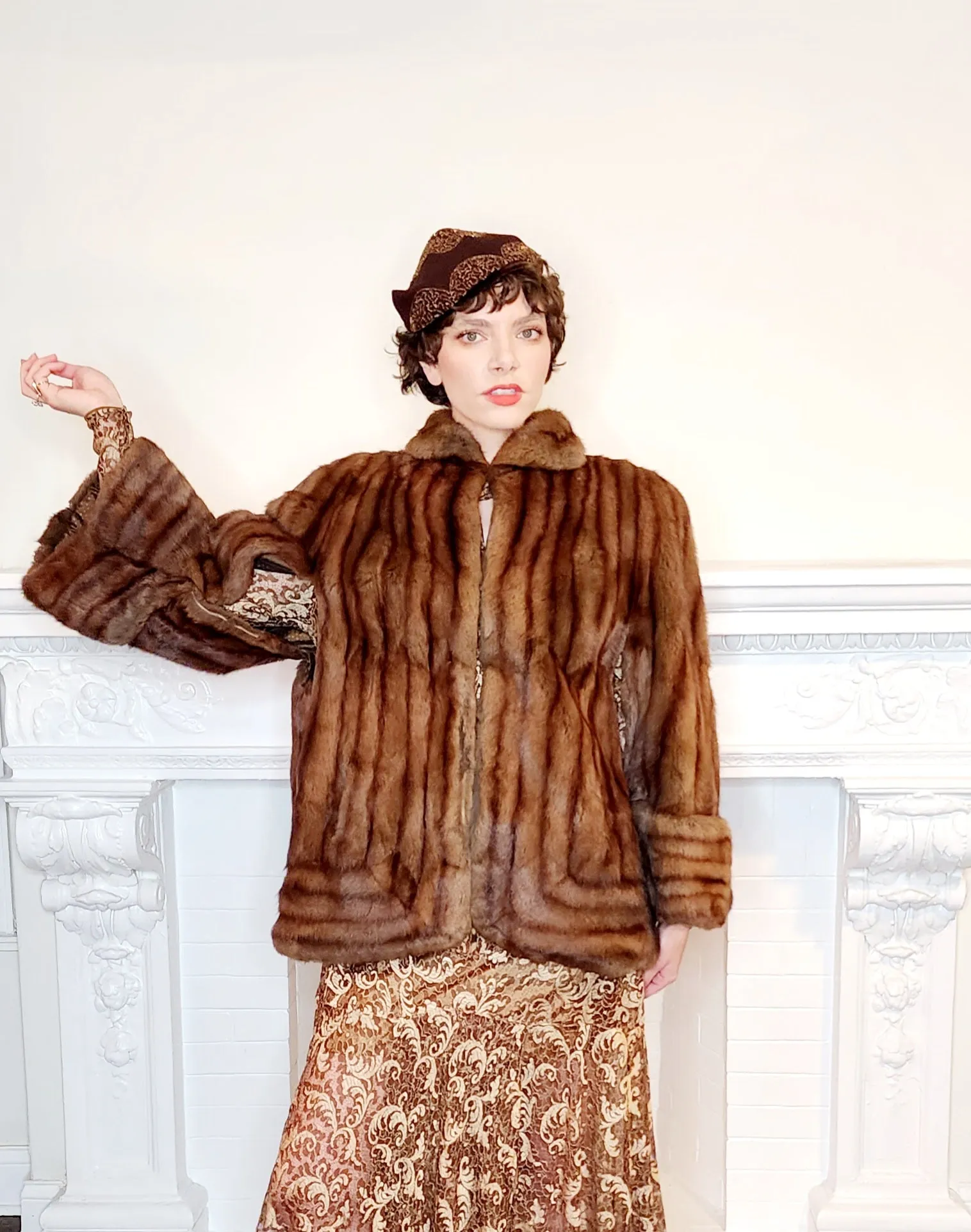 1940s Brown Fur Jacket Convertible Wrap Stole  / M