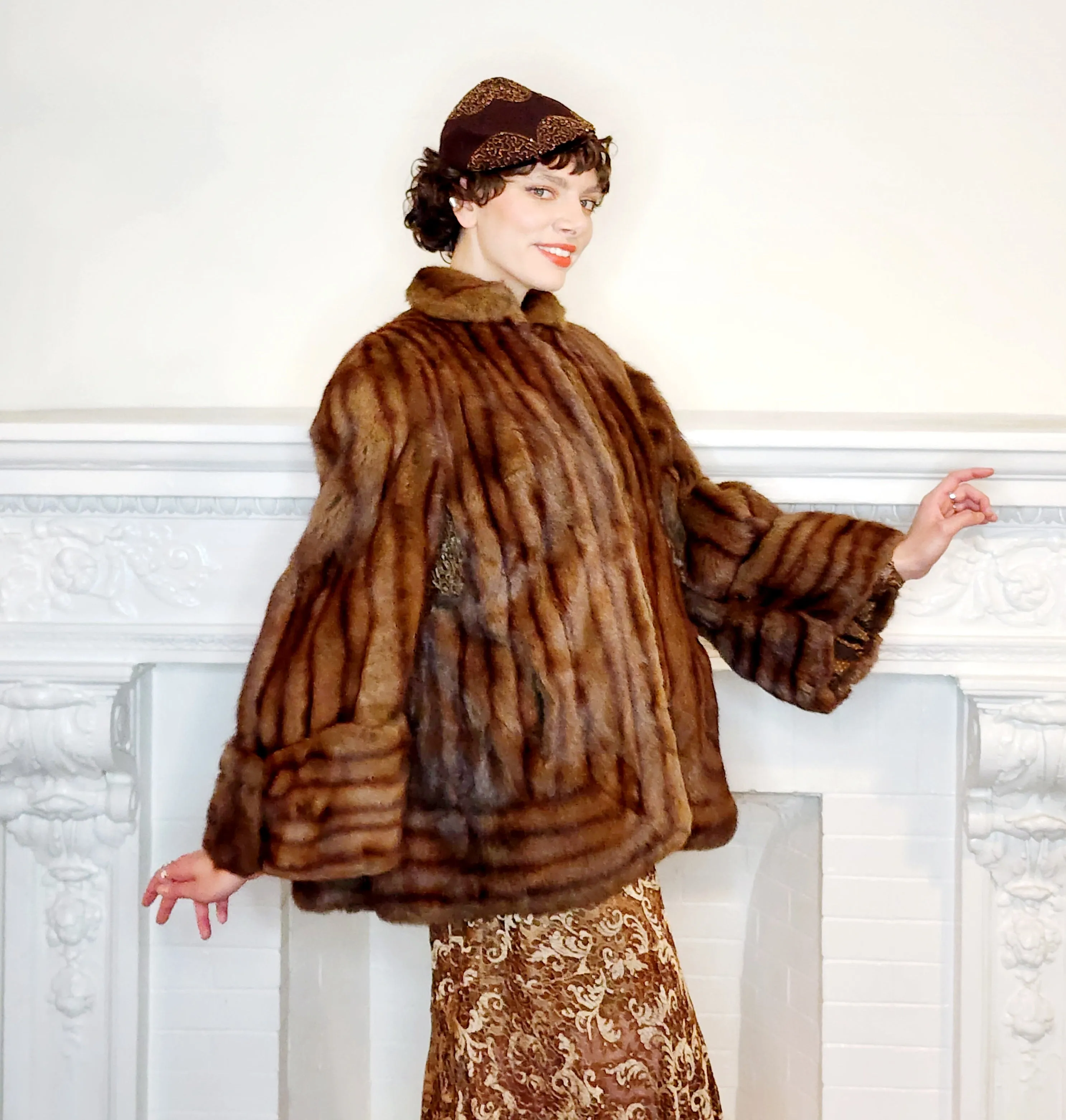 1940s Brown Fur Jacket Convertible Wrap Stole  / M