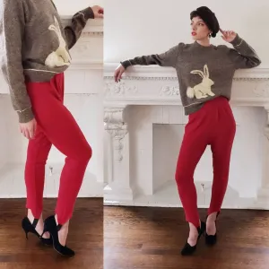 1980s Red Stretchy Stirrup Pants / 80s High Waisted Stirrups by Ivy Pleated Cotton Poly Spandex / Medium
