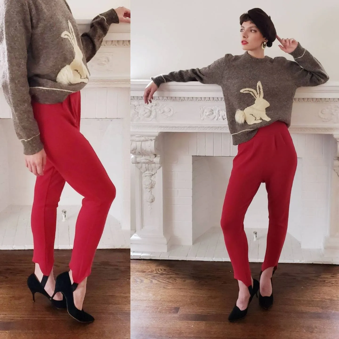 1980s Red Stretchy Stirrup Pants / 80s High Waisted Stirrups by Ivy Pleated Cotton Poly Spandex / Medium