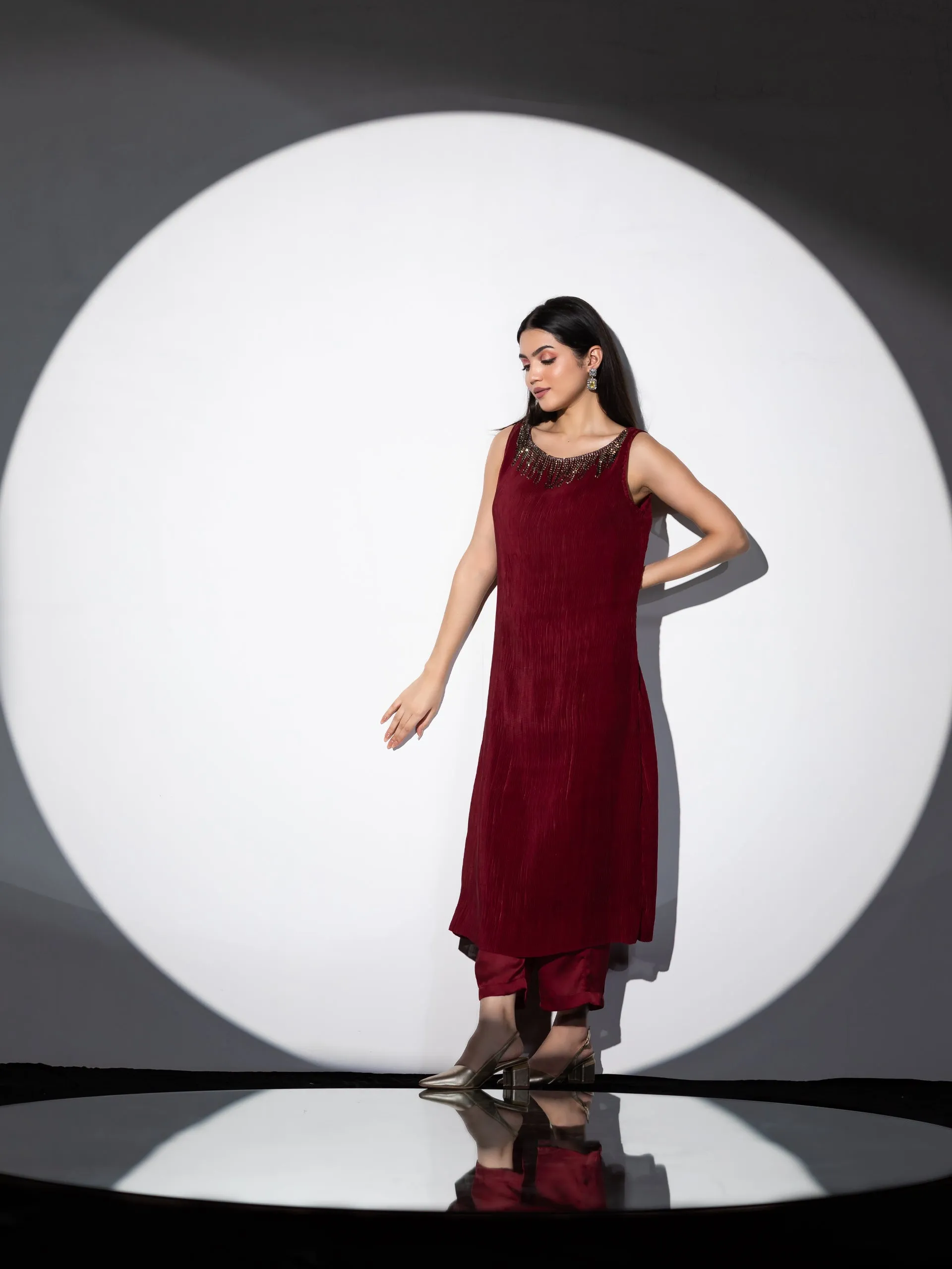 2pcs. Set | Sangria pleated Top with Hanging Crystals with Pants
