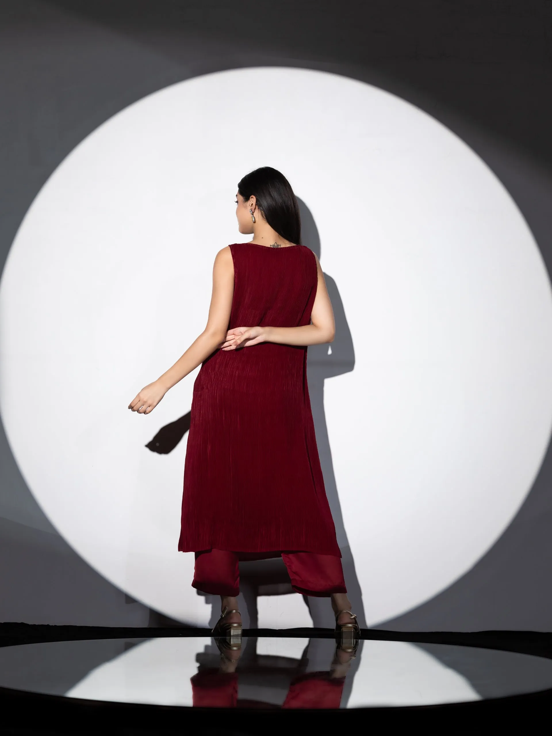 2pcs. Set | Sangria pleated Top with Hanging Crystals with Pants