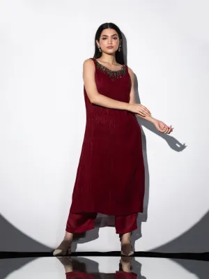 2pcs. Set | Sangria pleated Top with Hanging Crystals with Pants