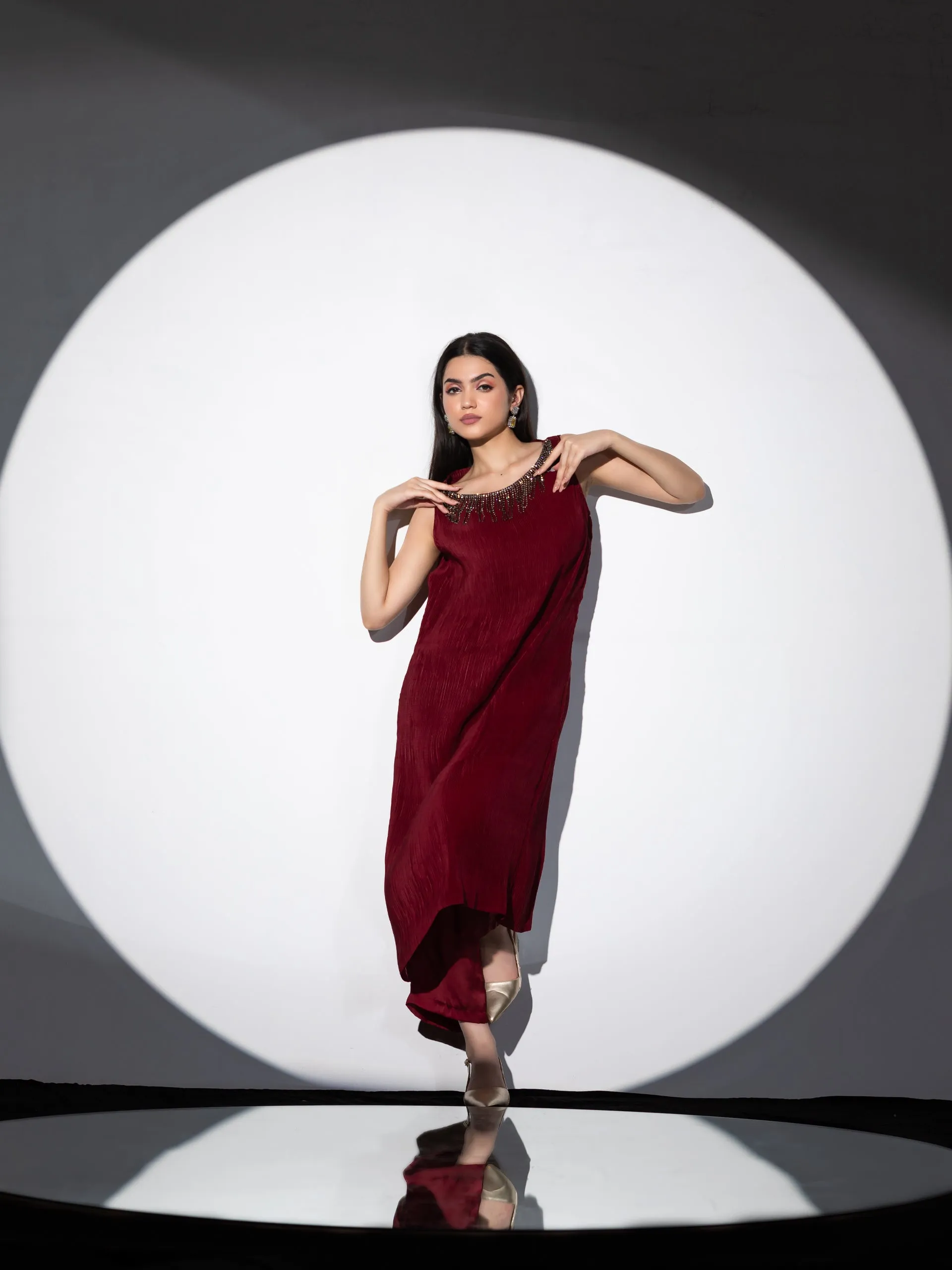 2pcs. Set | Sangria pleated Top with Hanging Crystals with Pants