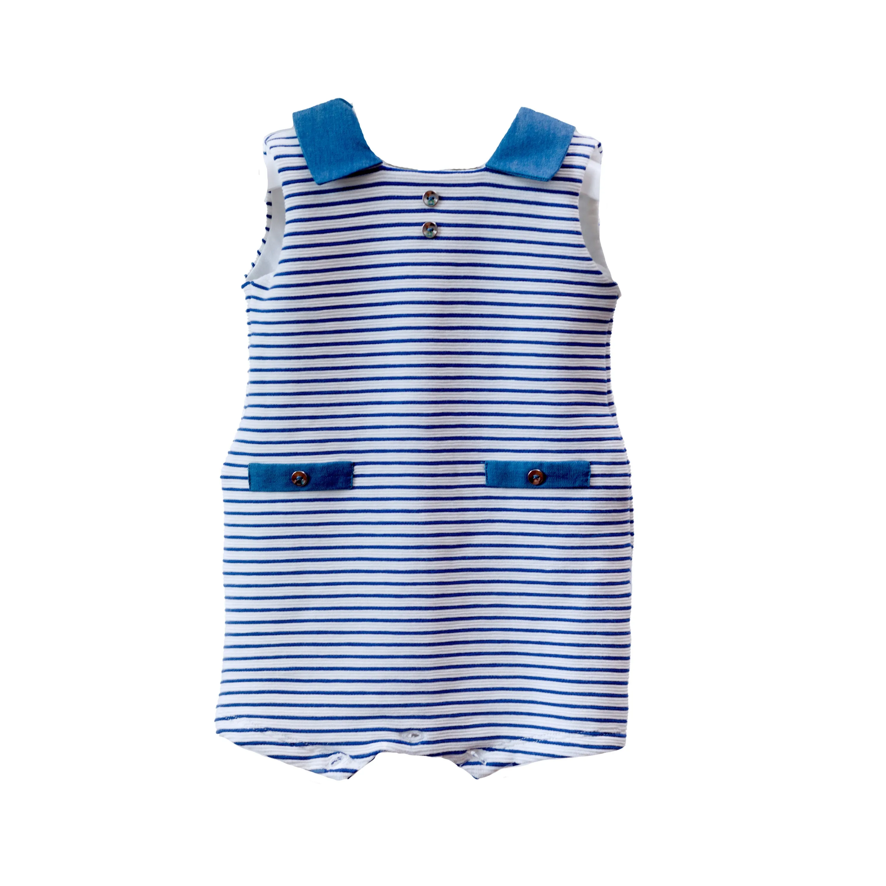 [3-6m] Paz Rodriguez White/Blue Indigo Romper "Barco"