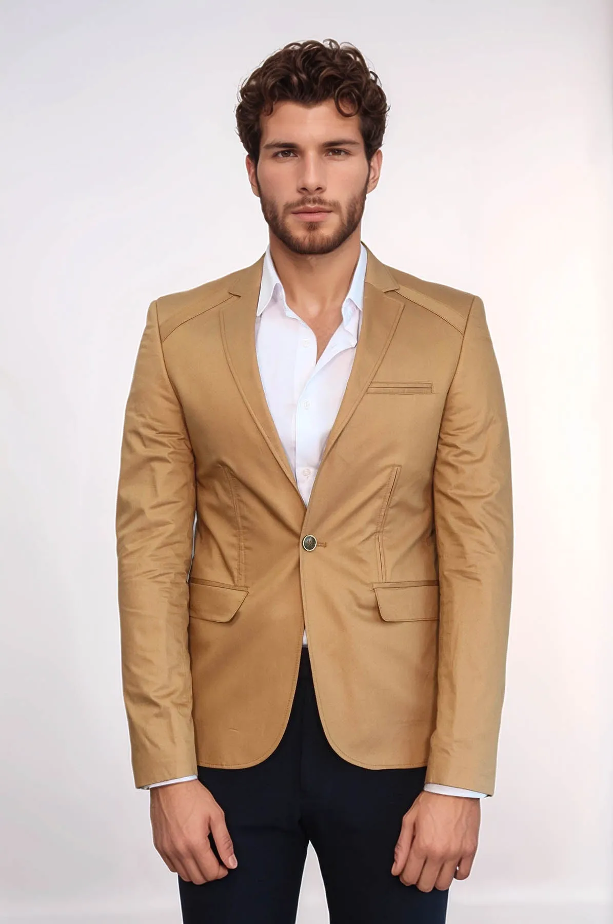 3 pocket Single Button Cotton Tan Jacket-Wessi