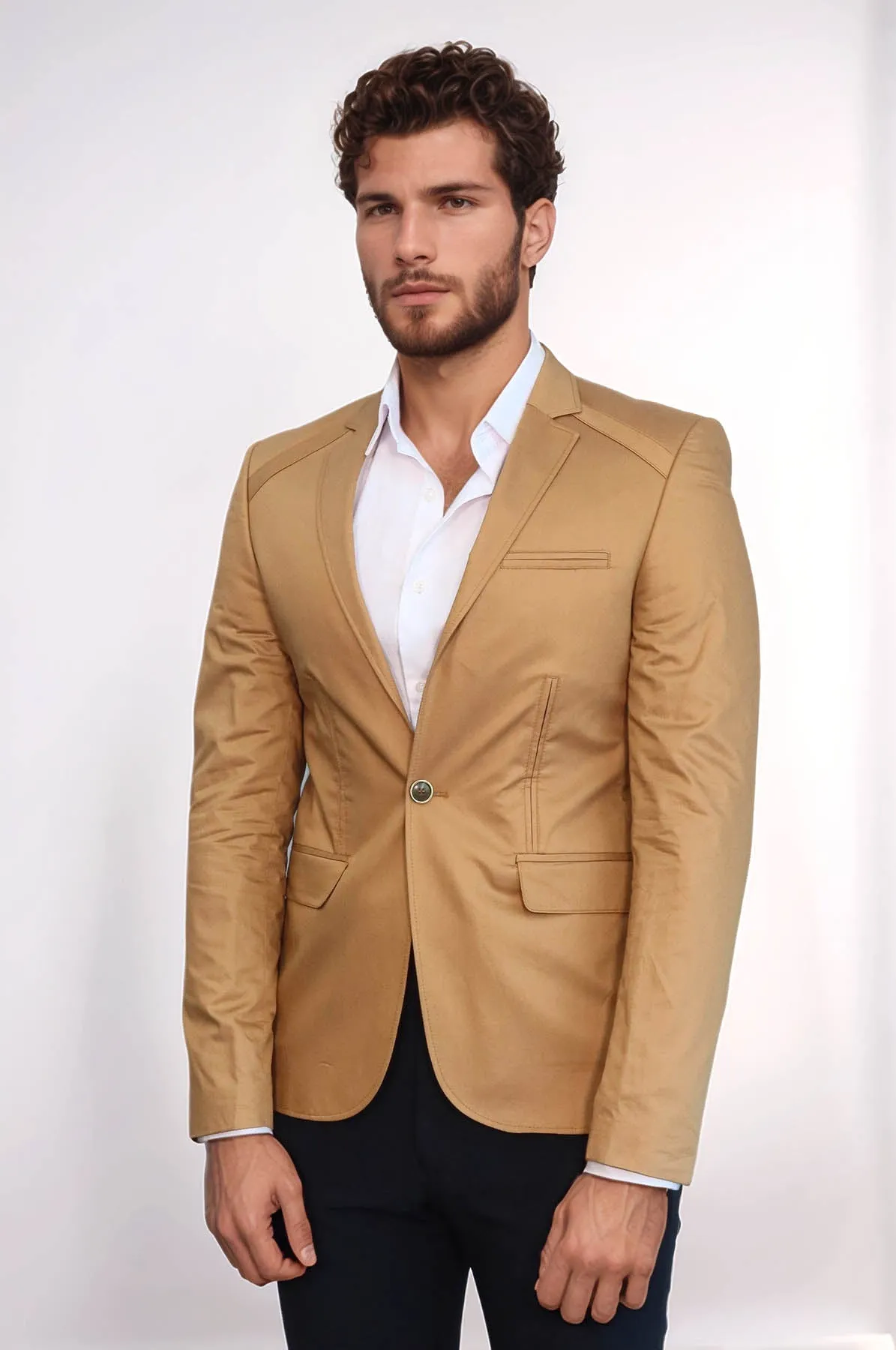 3 pocket Single Button Cotton Tan Jacket-Wessi