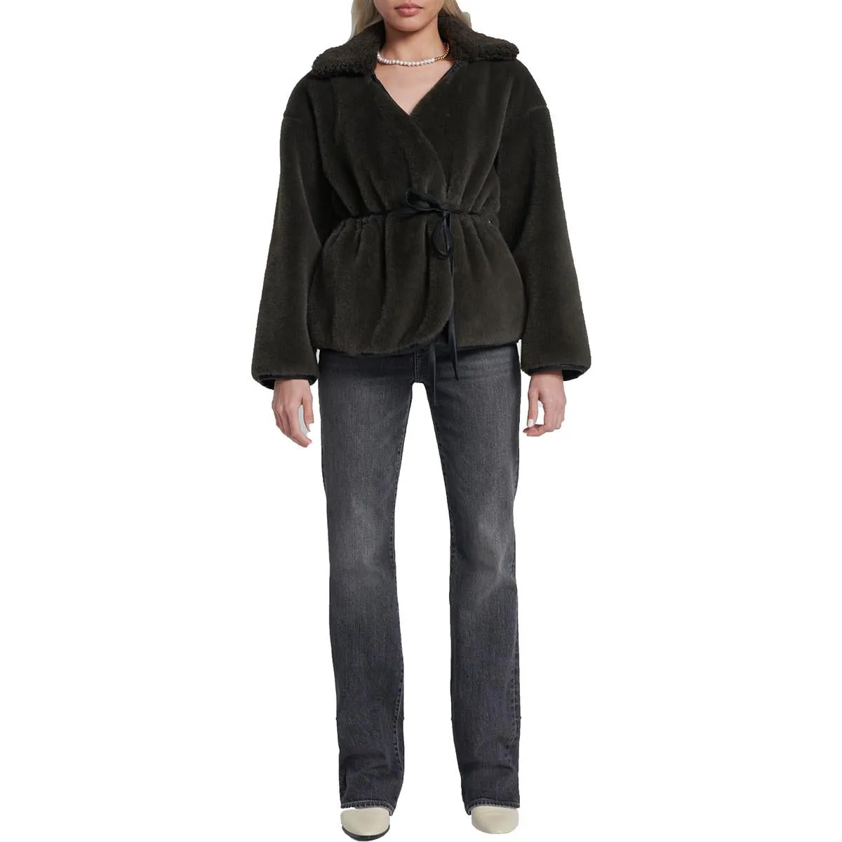 7 For All Mankind Womens Faux Leather Trim Faux Fur Faux Fur Coat