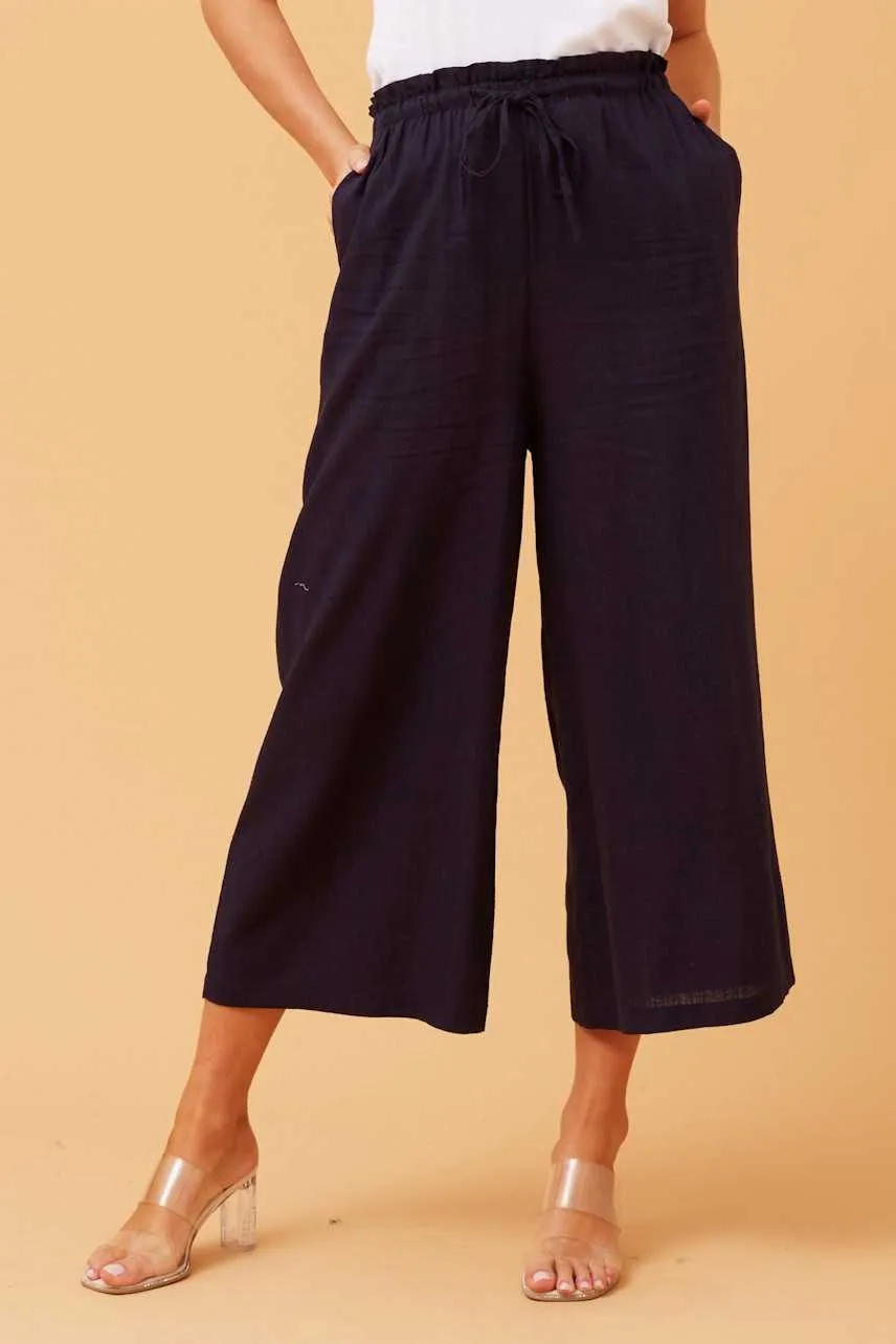 7/8 PaperBag Waist Linen Pants - Navy