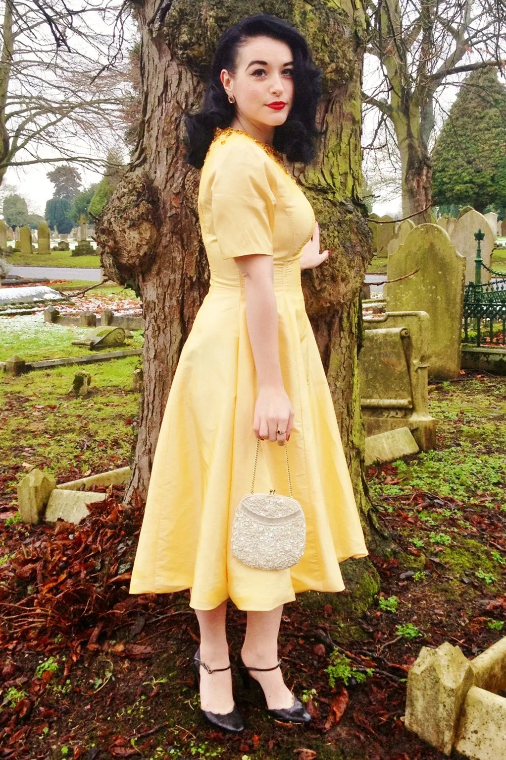 A-line Small Round Collar Tea Length Charmuse Beaded Prom Dress