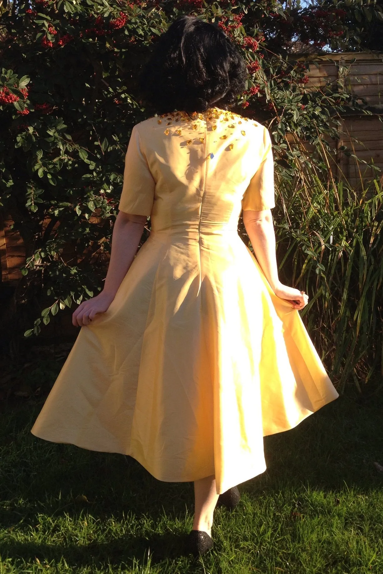 A-line Small Round Collar Tea Length Charmuse Beaded Prom Dress