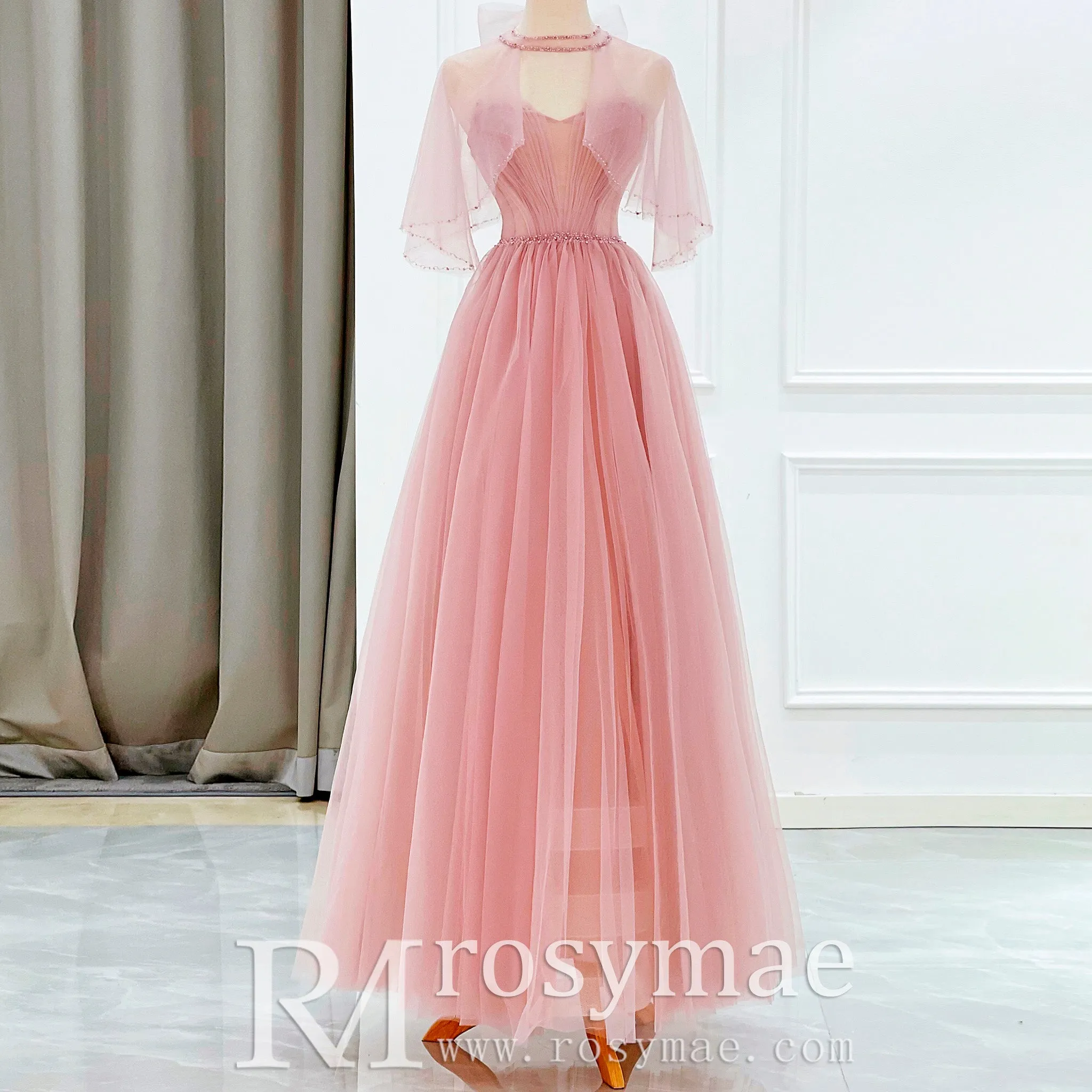 A-line Strapless Tulle Pink Evening Dresses Party Gowns