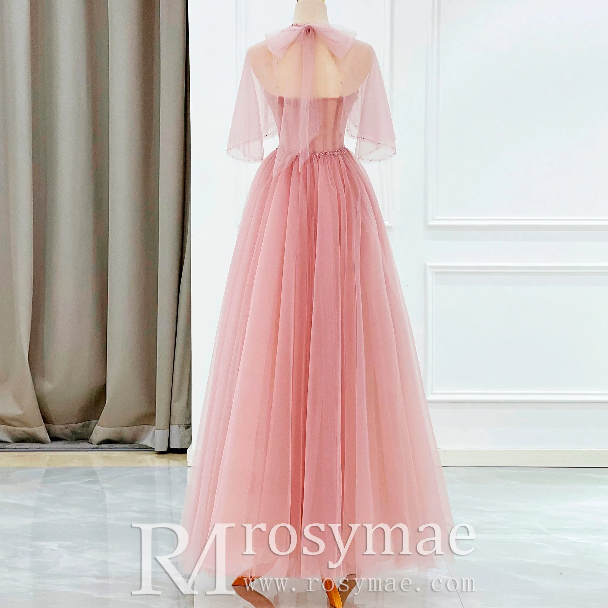 A-line Strapless Tulle Pink Evening Dresses Party Gowns