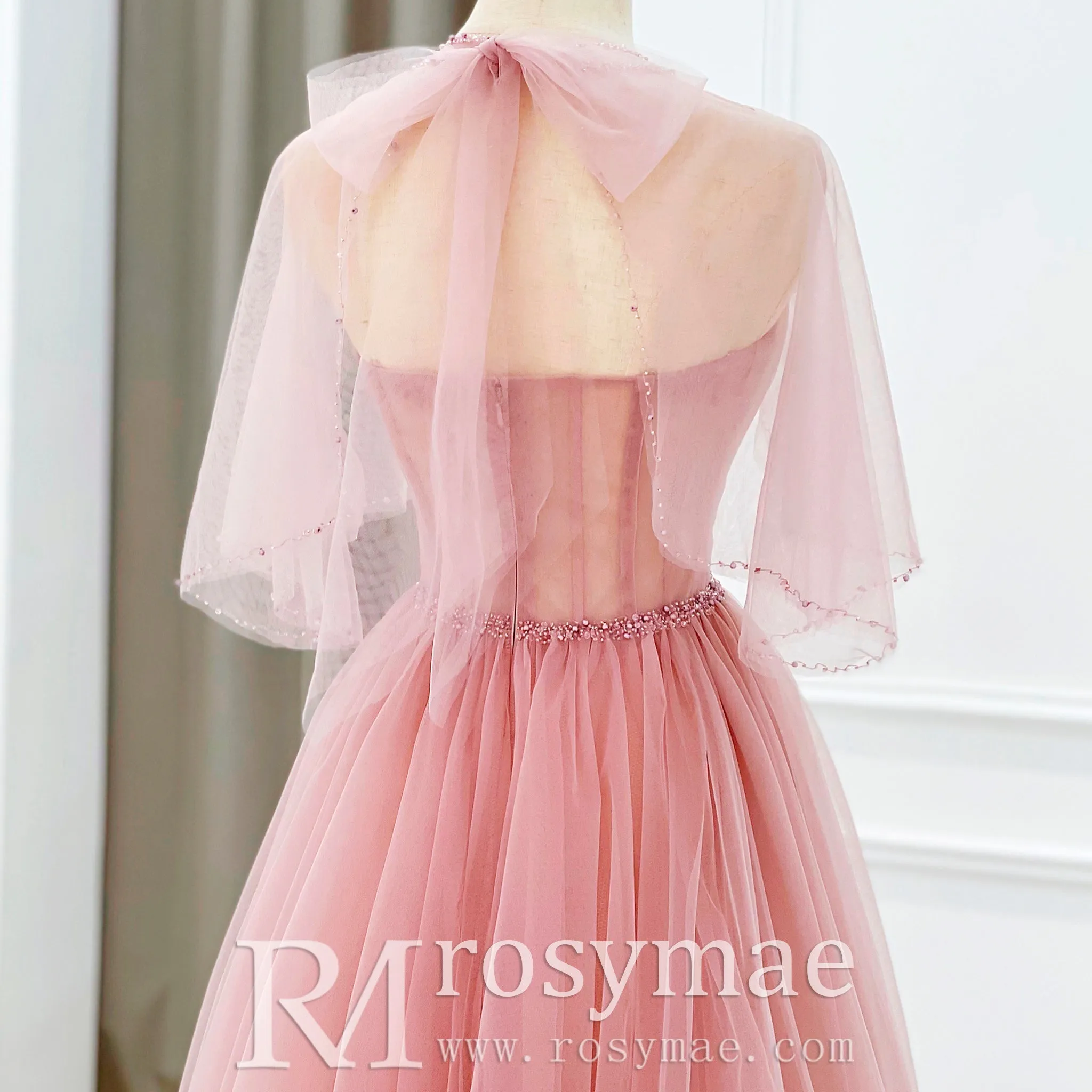 A-line Strapless Tulle Pink Evening Dresses Party Gowns