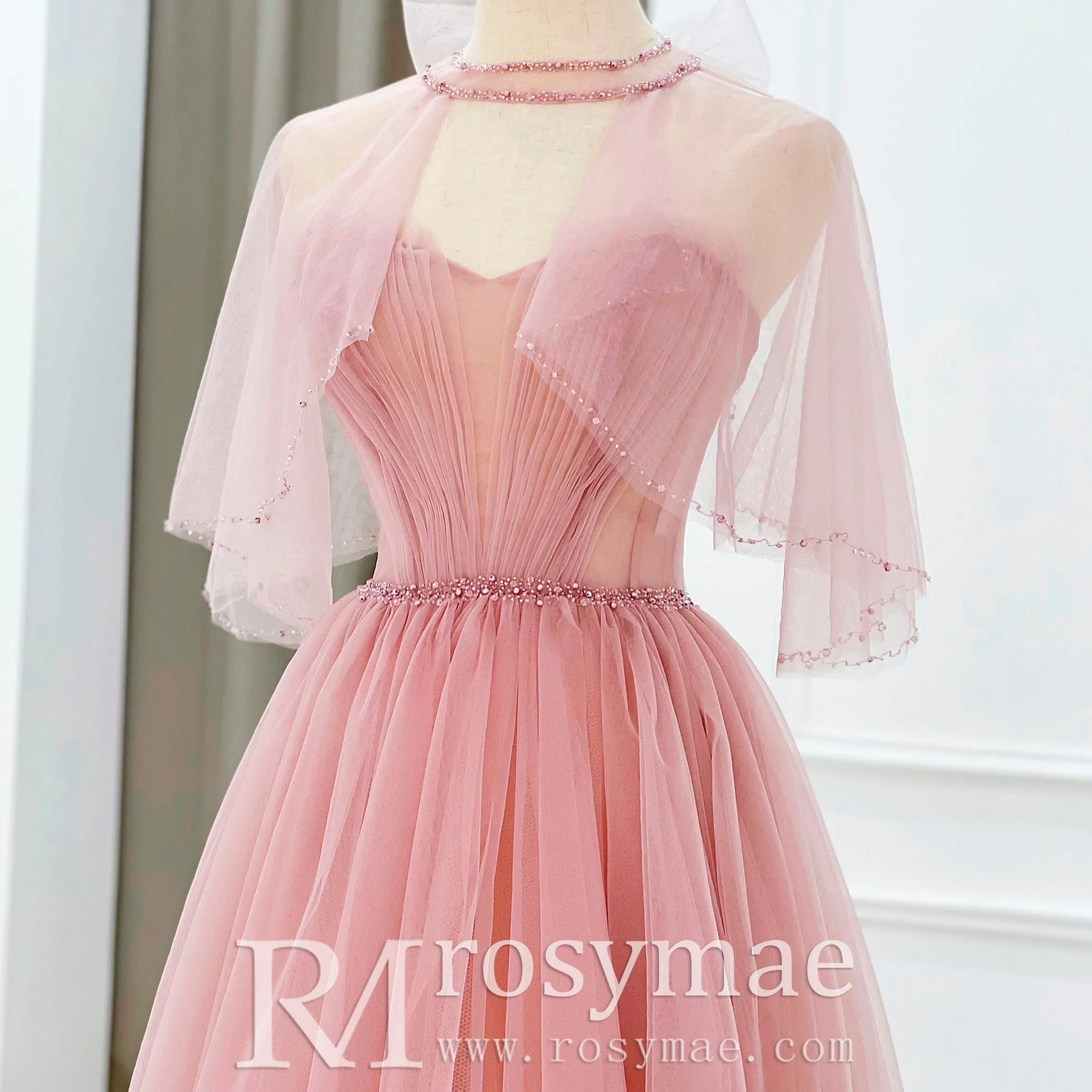 A-line Strapless Tulle Pink Evening Dresses Party Gowns
