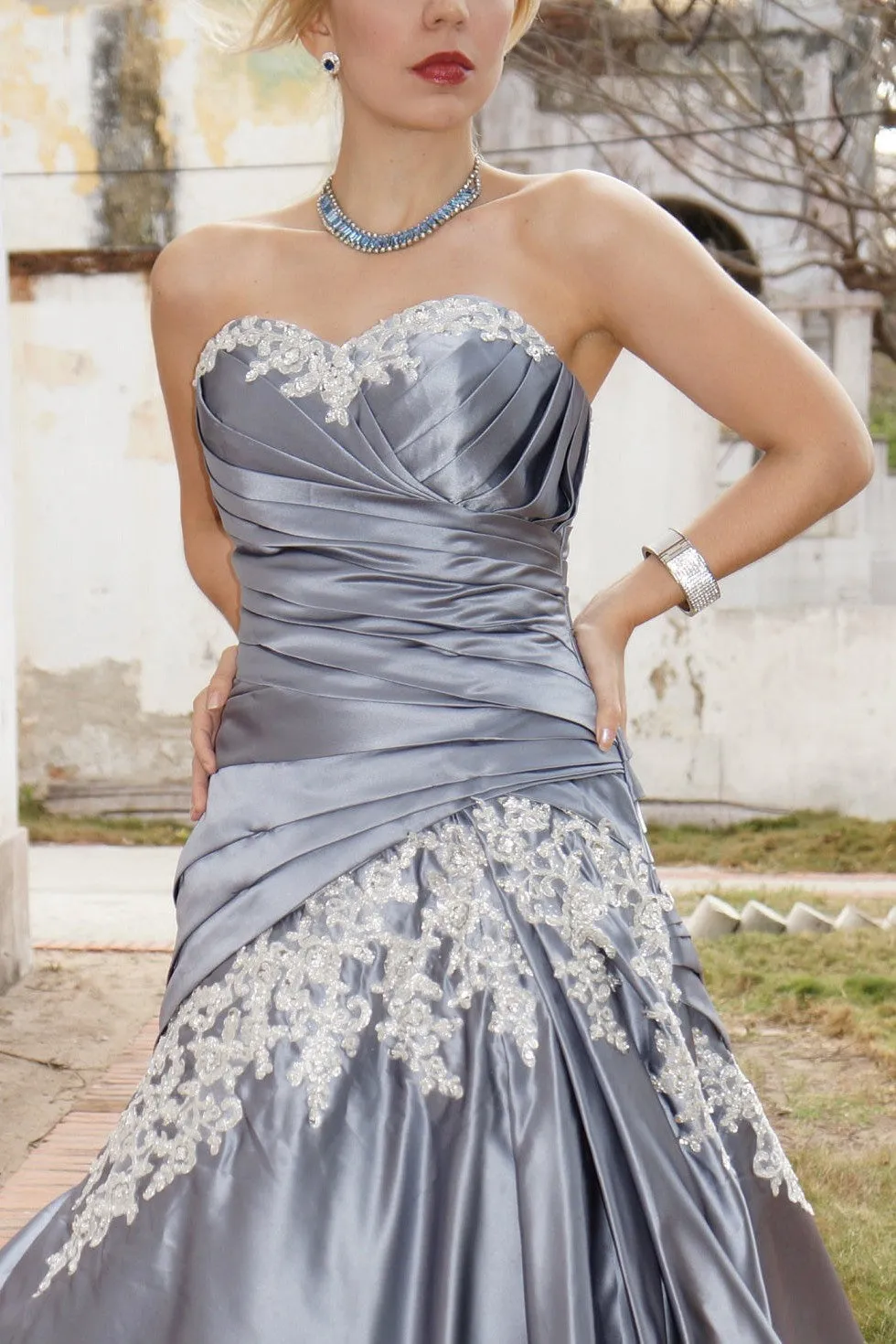 A-line Sweetheart Floor Length Charmuse Applique Lace Evening Dress