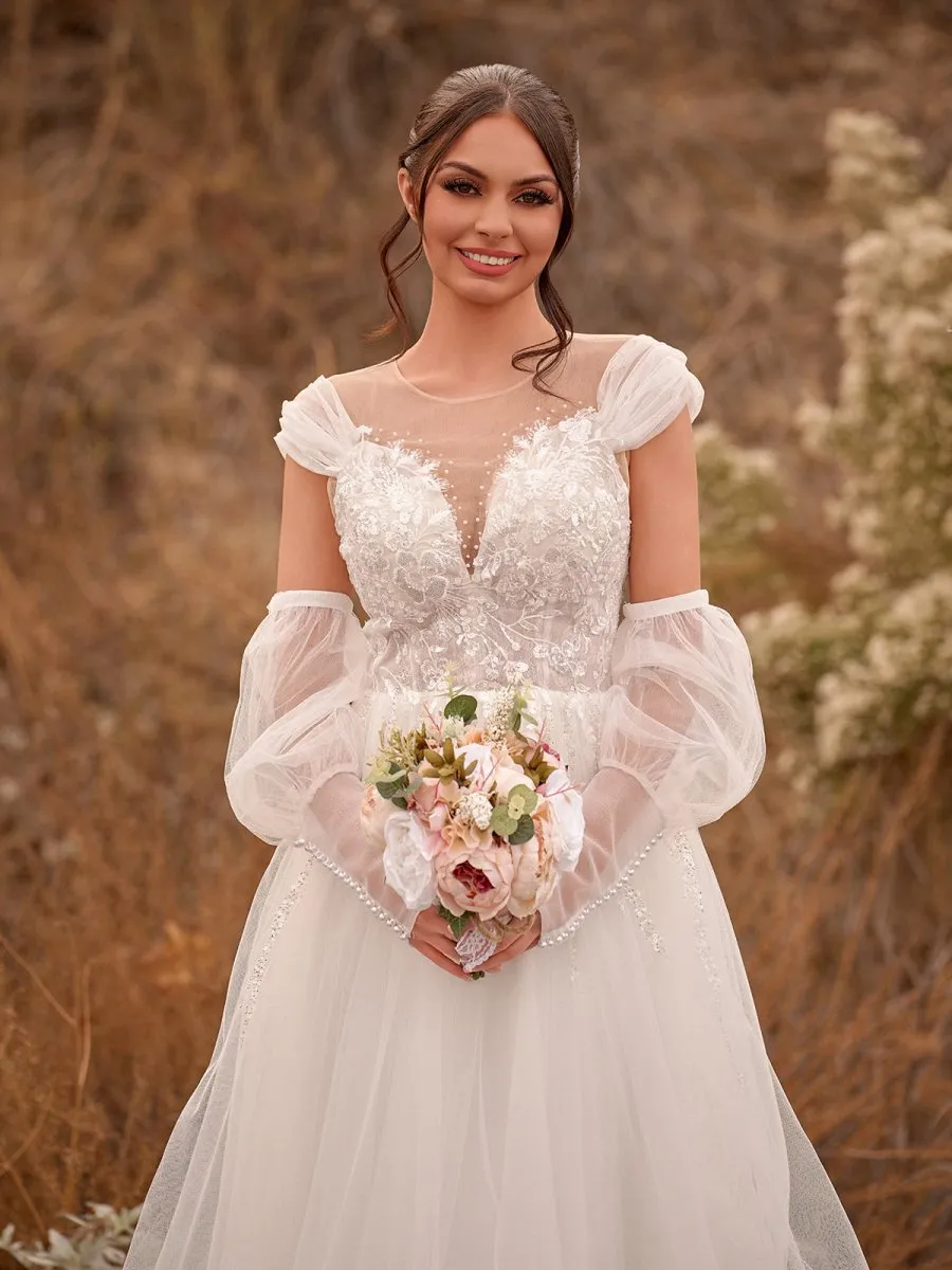 A-line Sweetheart Long Sleeves Elegant Tulle Wedding Dresses with Appliques Lace