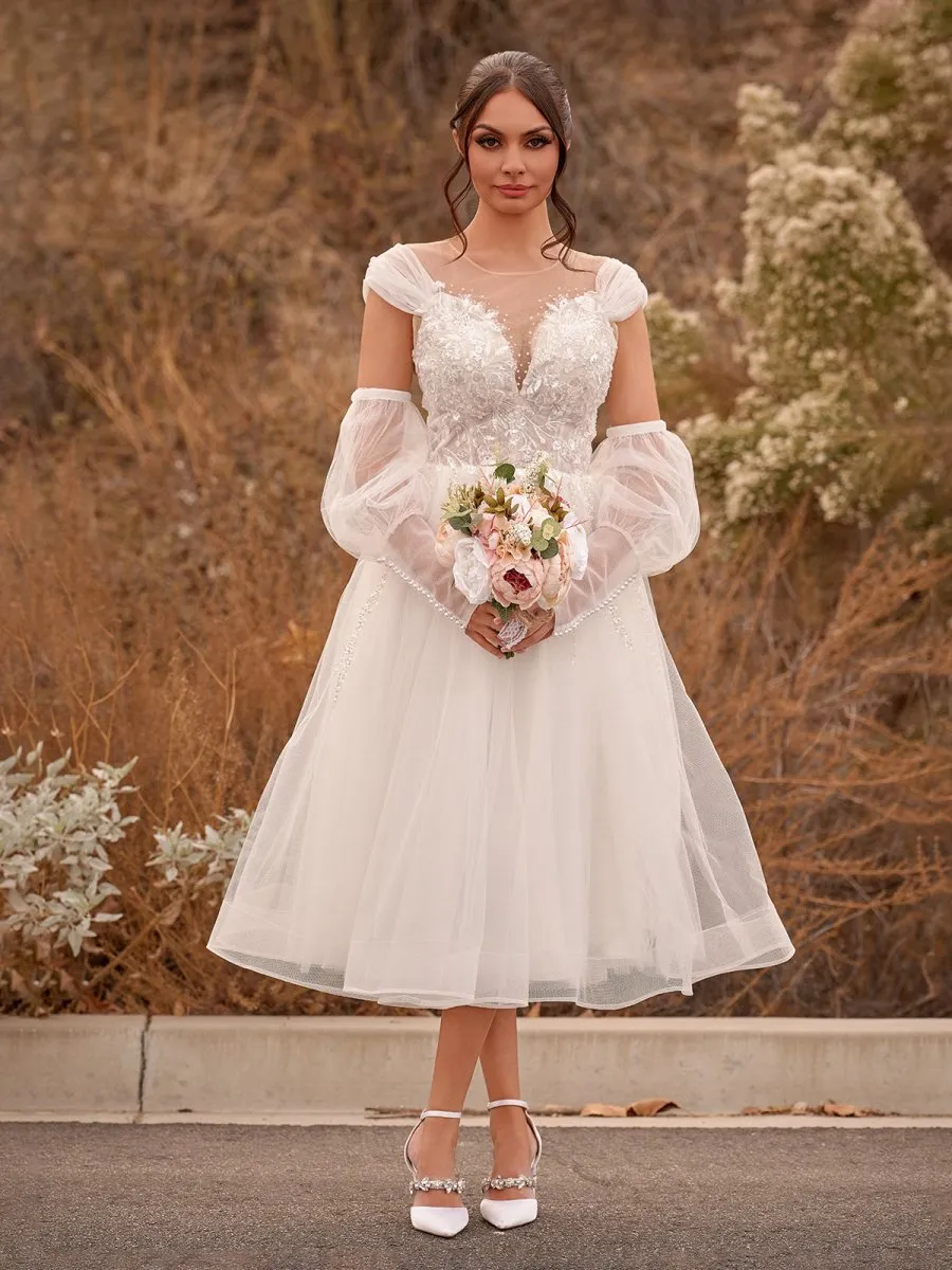 A-line Sweetheart Long Sleeves Elegant Tulle Wedding Dresses with Appliques Lace
