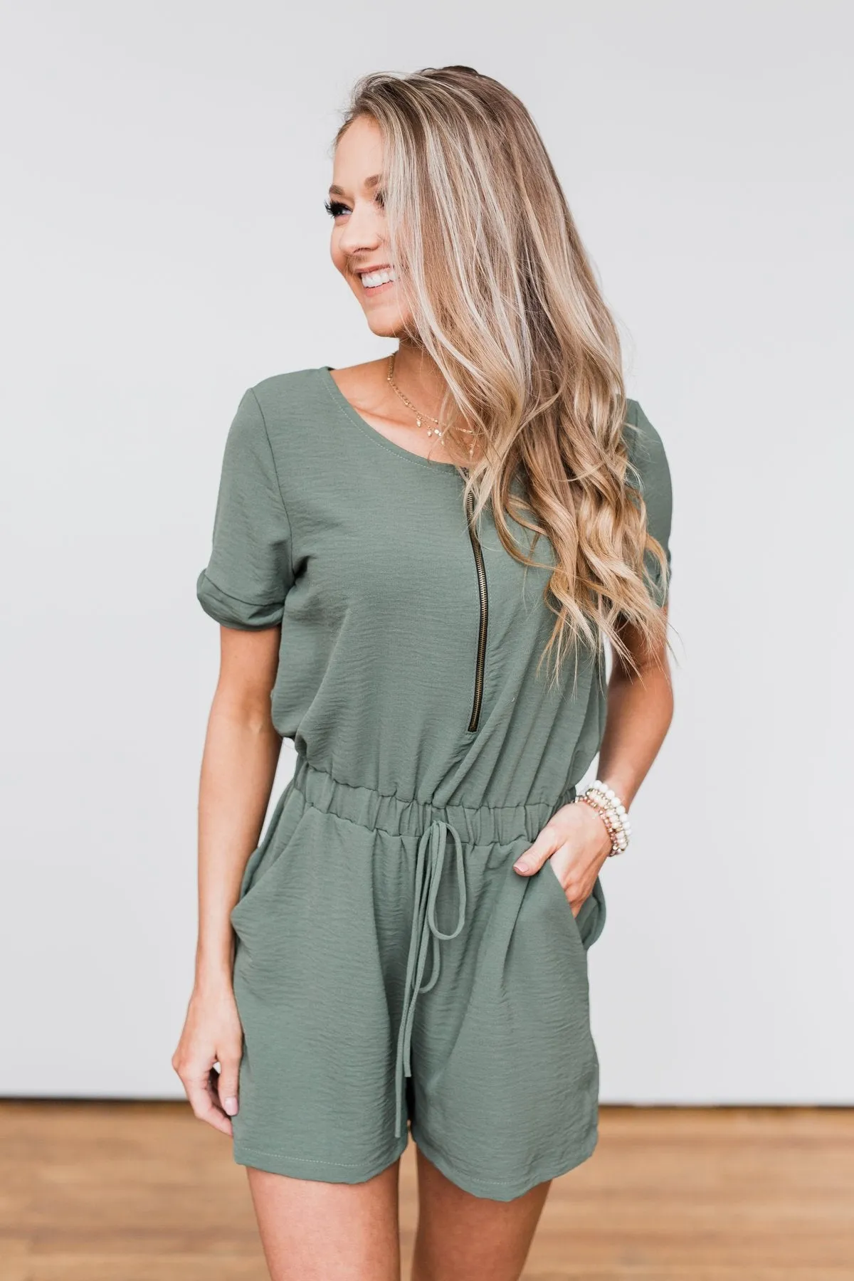 Adventure Awaits Half-Zip Romper- Olive