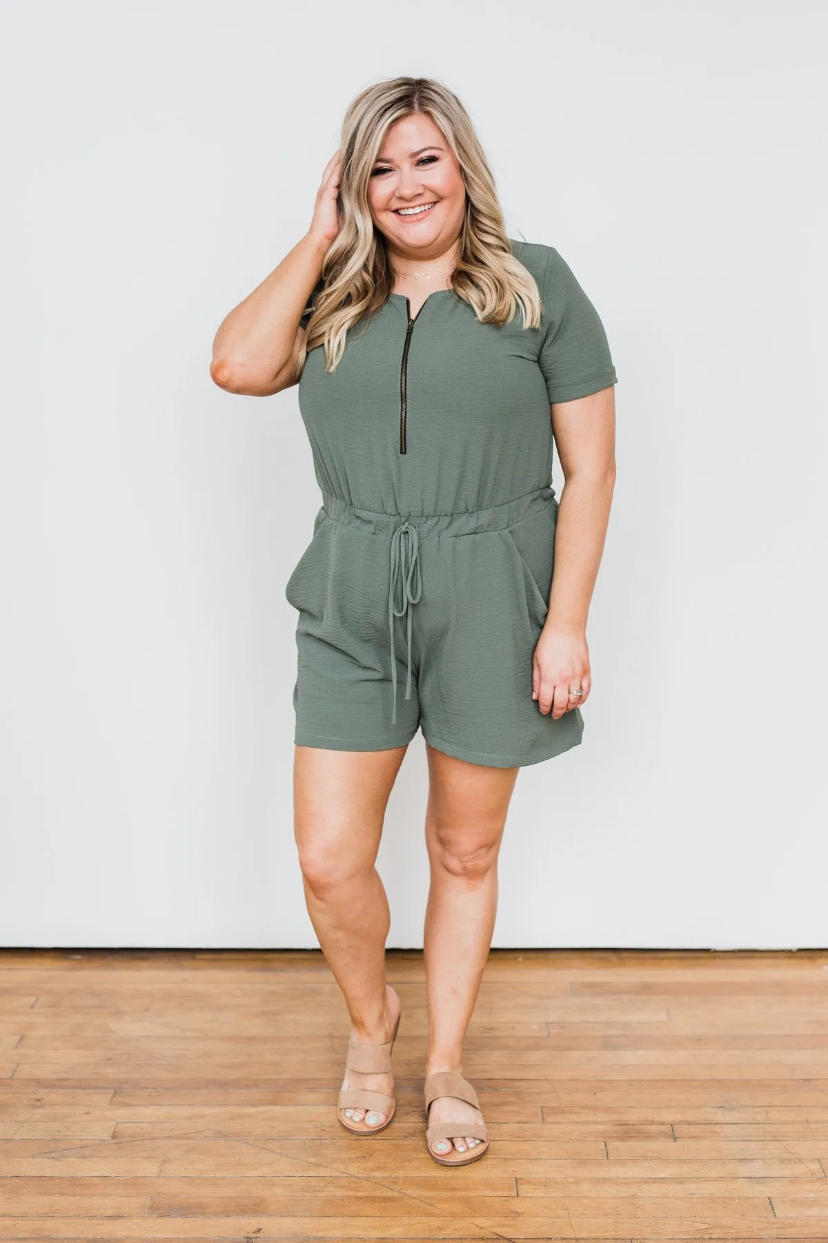 Adventure Awaits Half-Zip Romper- Olive