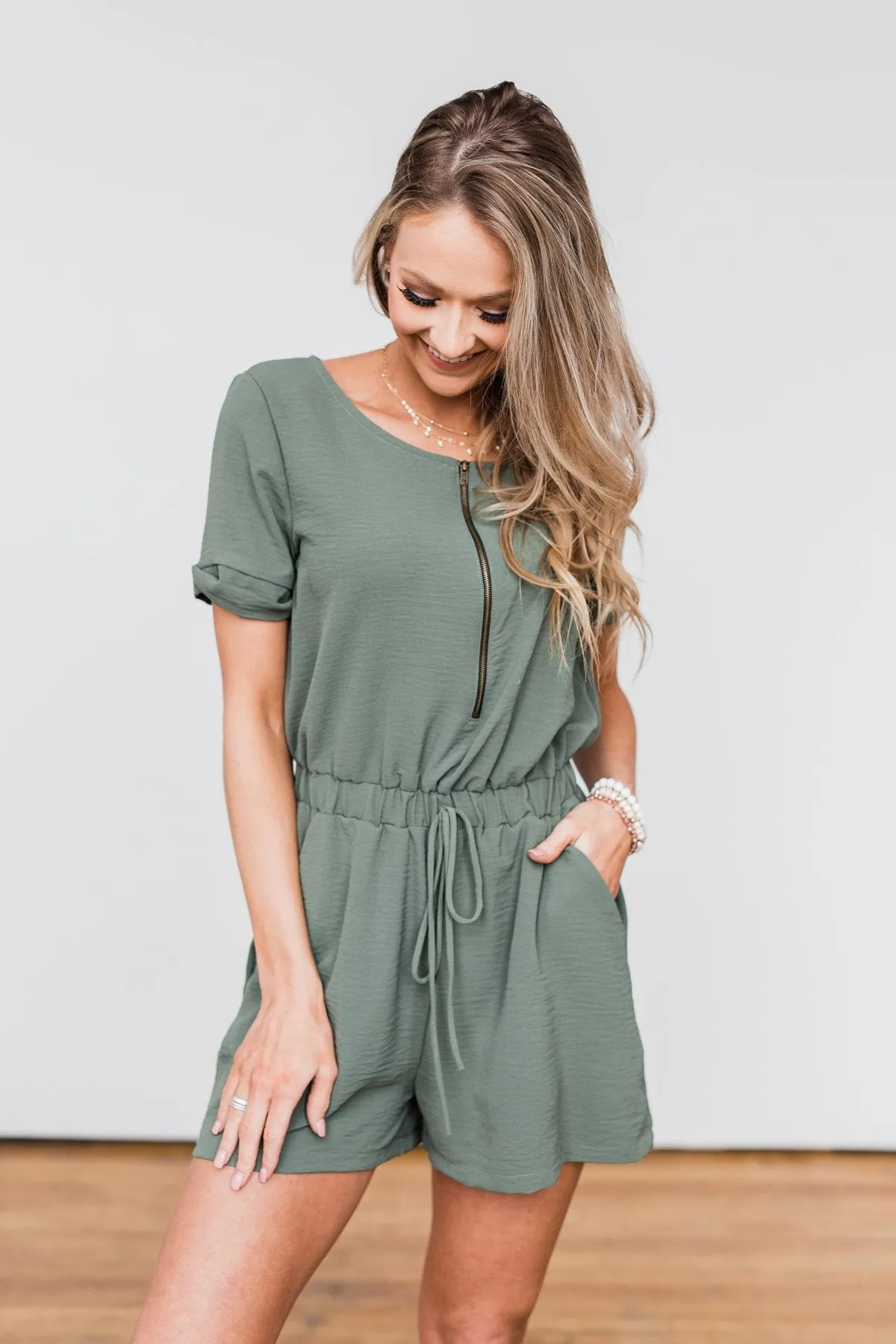 Adventure Awaits Half-Zip Romper- Olive