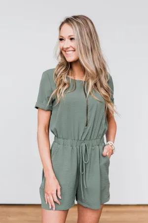 Adventure Awaits Half-Zip Romper- Olive