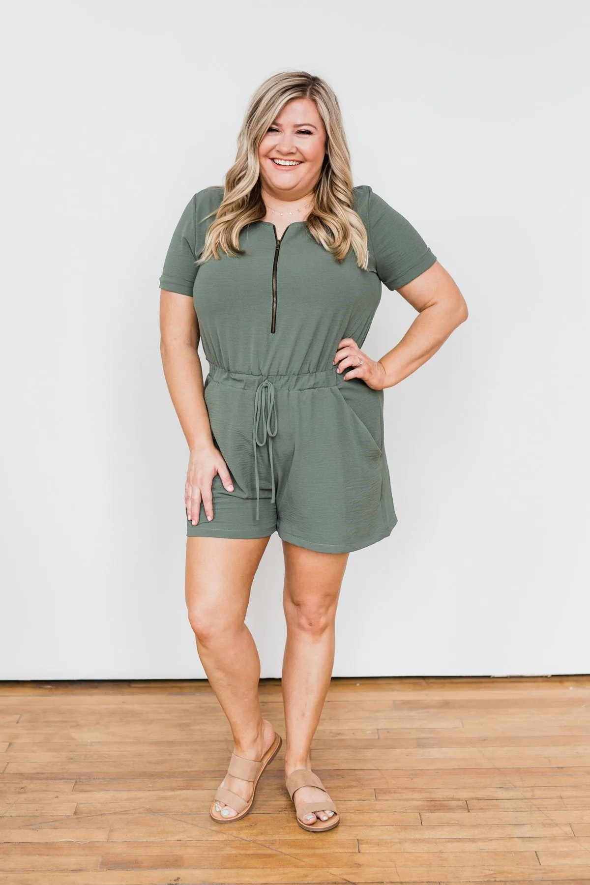 Adventure Awaits Half-Zip Romper- Olive
