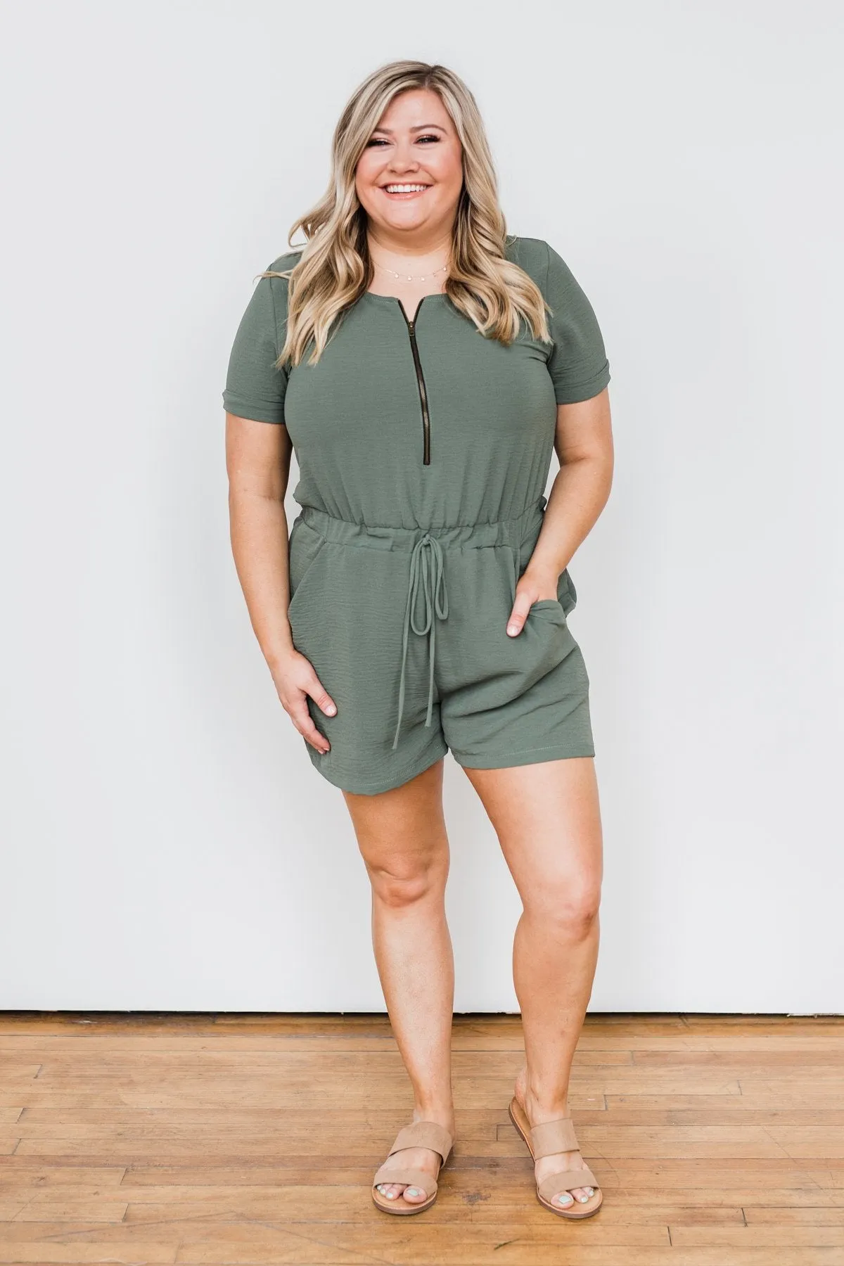 Adventure Awaits Half-Zip Romper- Olive