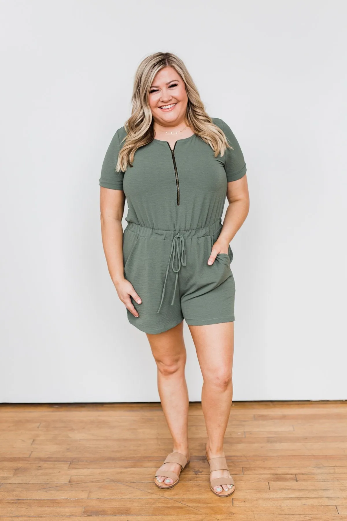 Adventure Awaits Half-Zip Romper- Olive