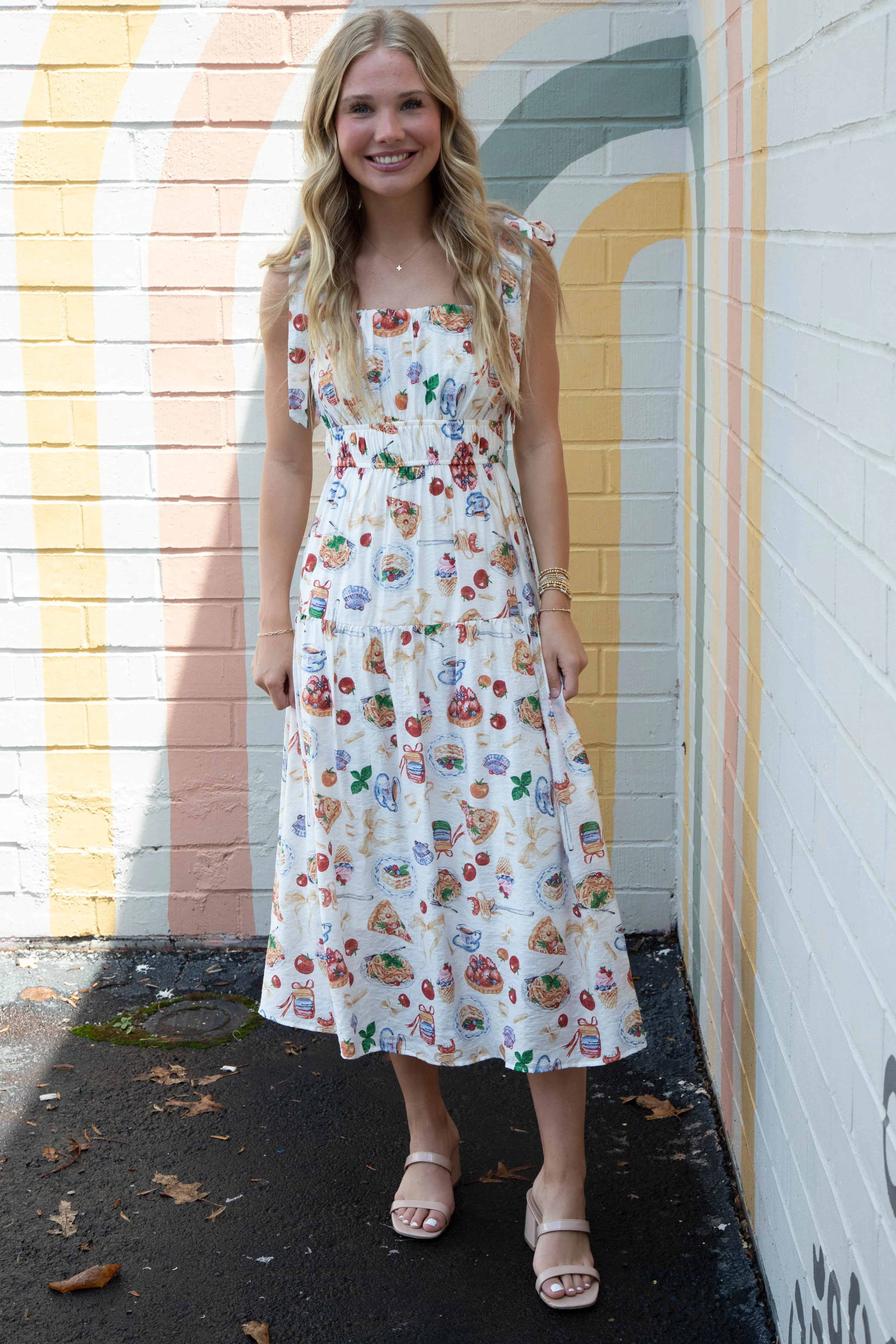 Allie Tea Time Tie Strap Midi Dress, Off White Multi