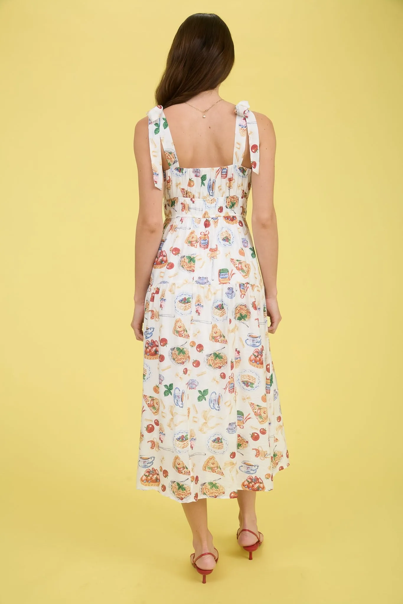 Allie Tea Time Tie Strap Midi Dress, Off White Multi