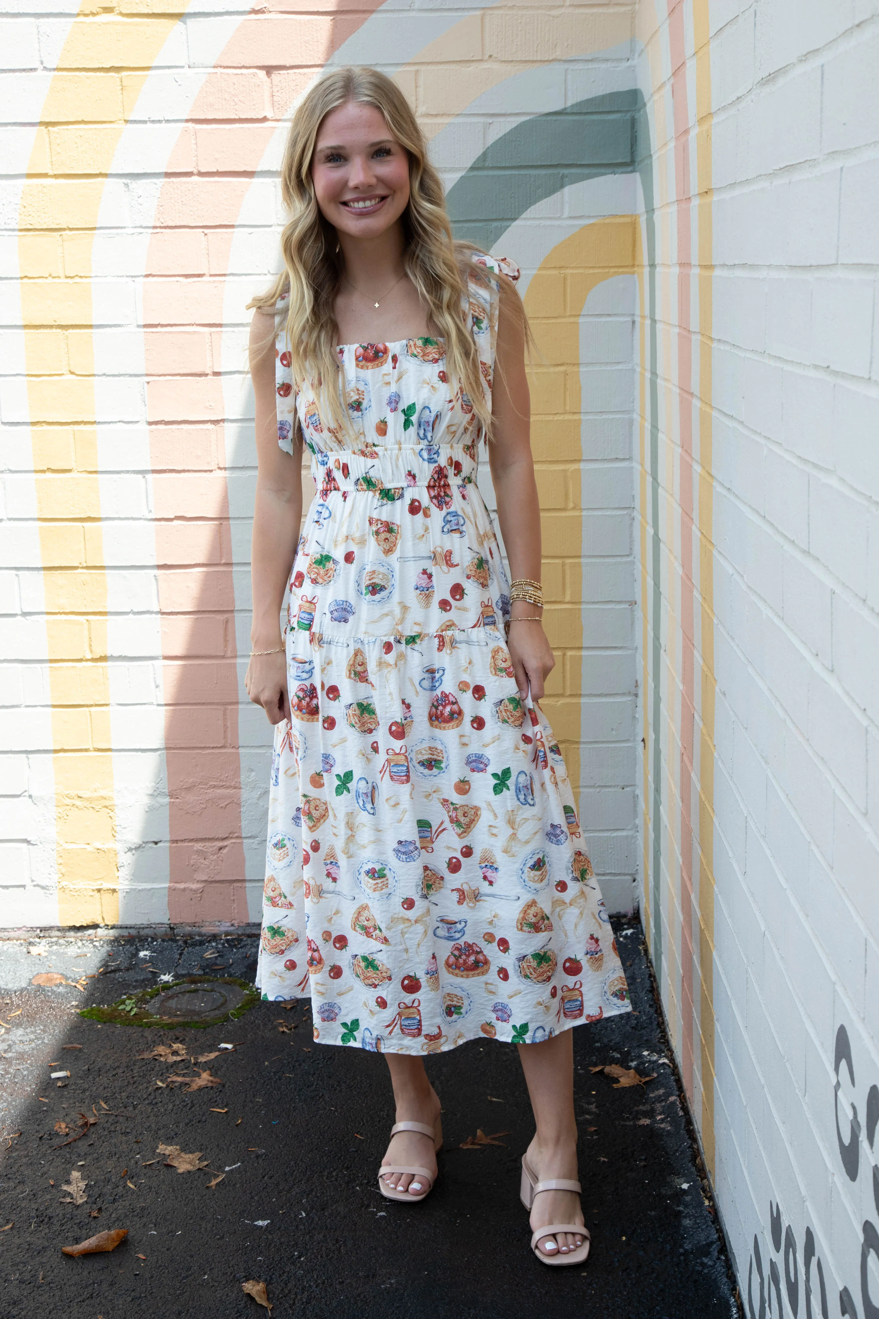 Allie Tea Time Tie Strap Midi Dress, Off White Multi