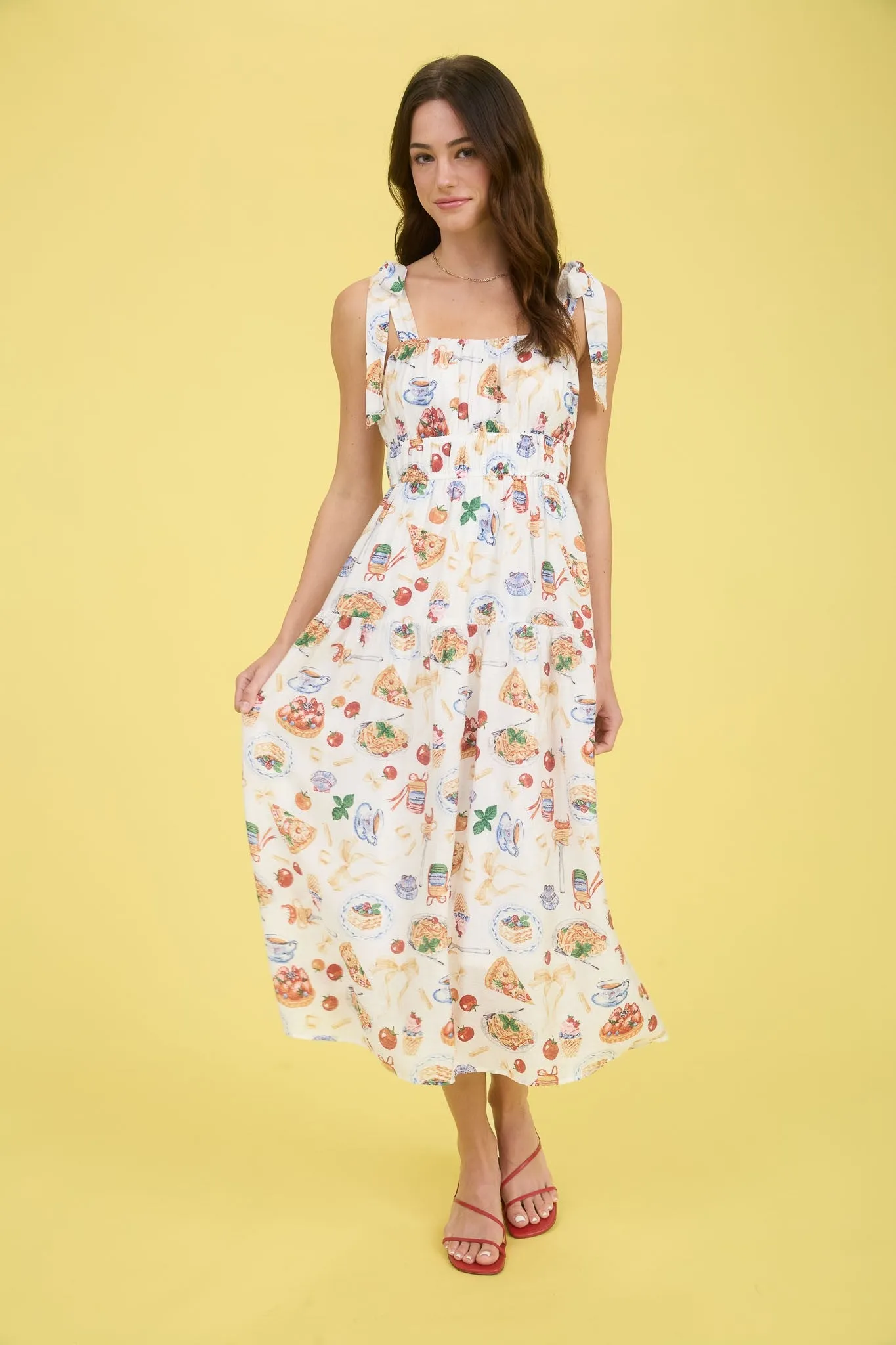 Allie Tea Time Tie Strap Midi Dress, Off White Multi