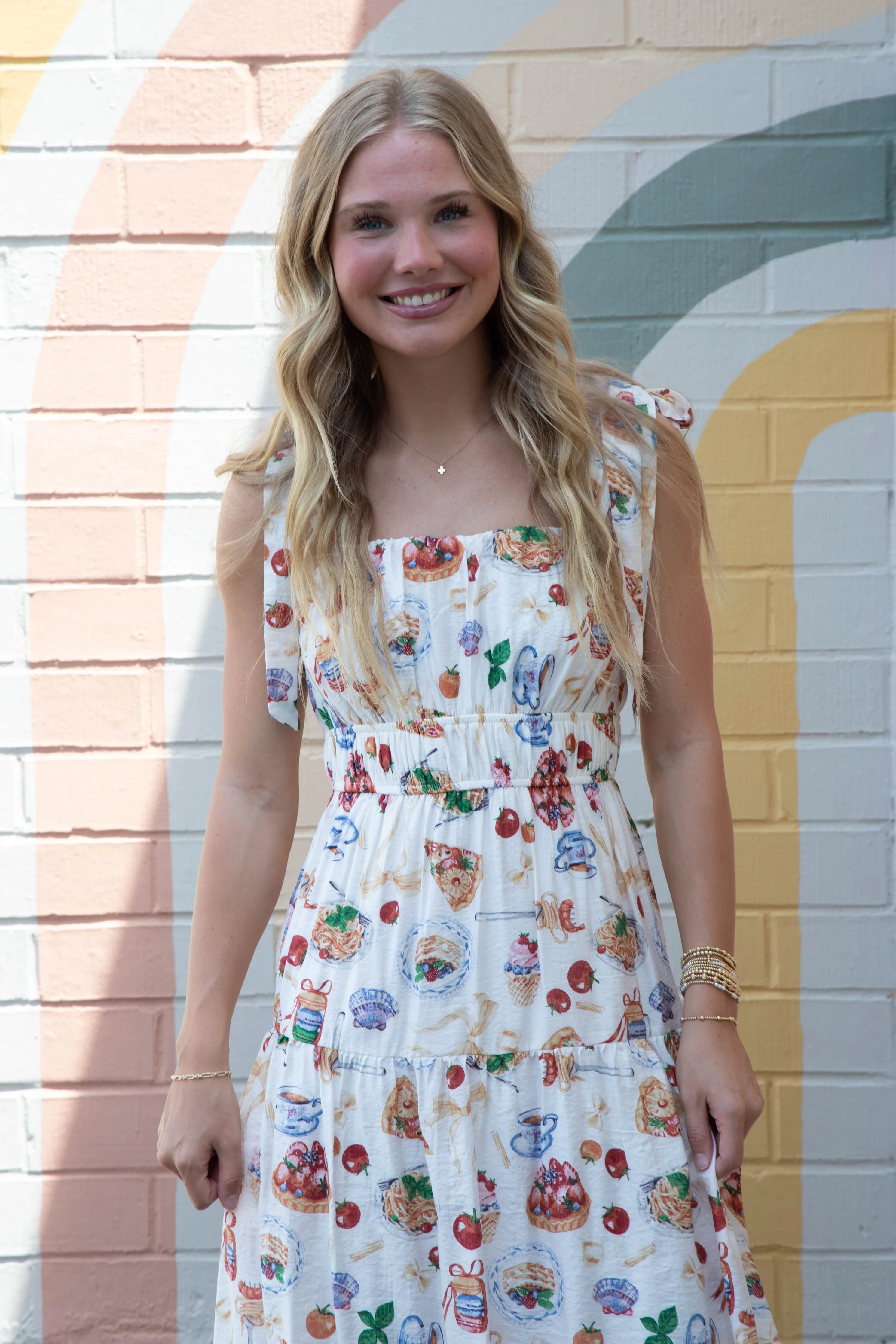 Allie Tea Time Tie Strap Midi Dress, Off White Multi