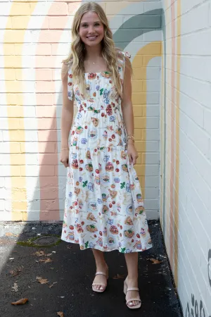 Allie Tea Time Tie Strap Midi Dress, Off White Multi