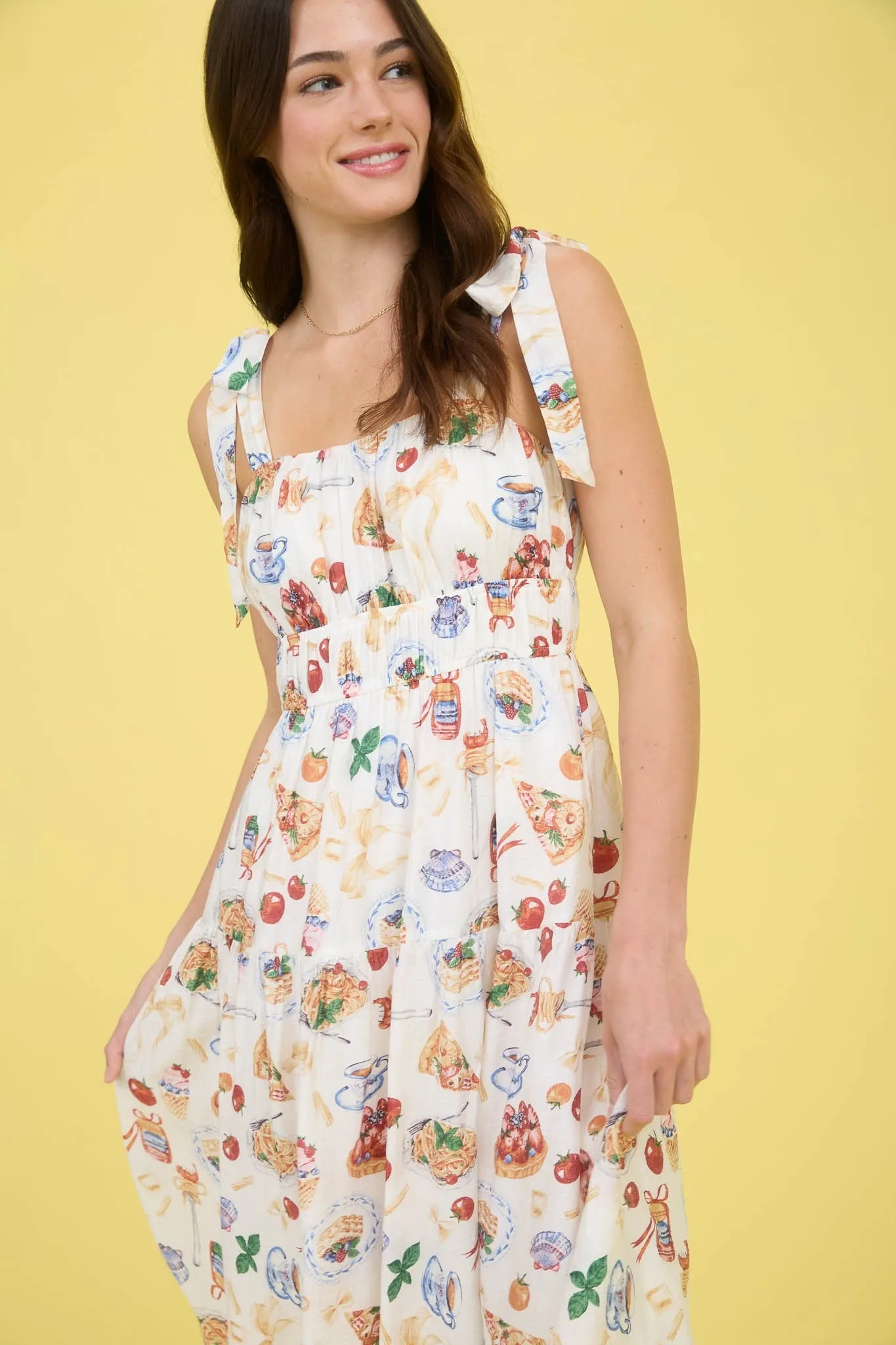 Allie Tea Time Tie Strap Midi Dress, Off White Multi