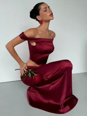 Aloruh 2pcs Women's Valentine's Day Elegant Sexy New Years Holiday Party Dress Set: Asymmetric Open Shoulder Tight Bustier Top With Pointed Hemline And Burgundy High-Waist Pleated Mermaid Skirt, Suitable For Spring, Summer, Autumn, Winter