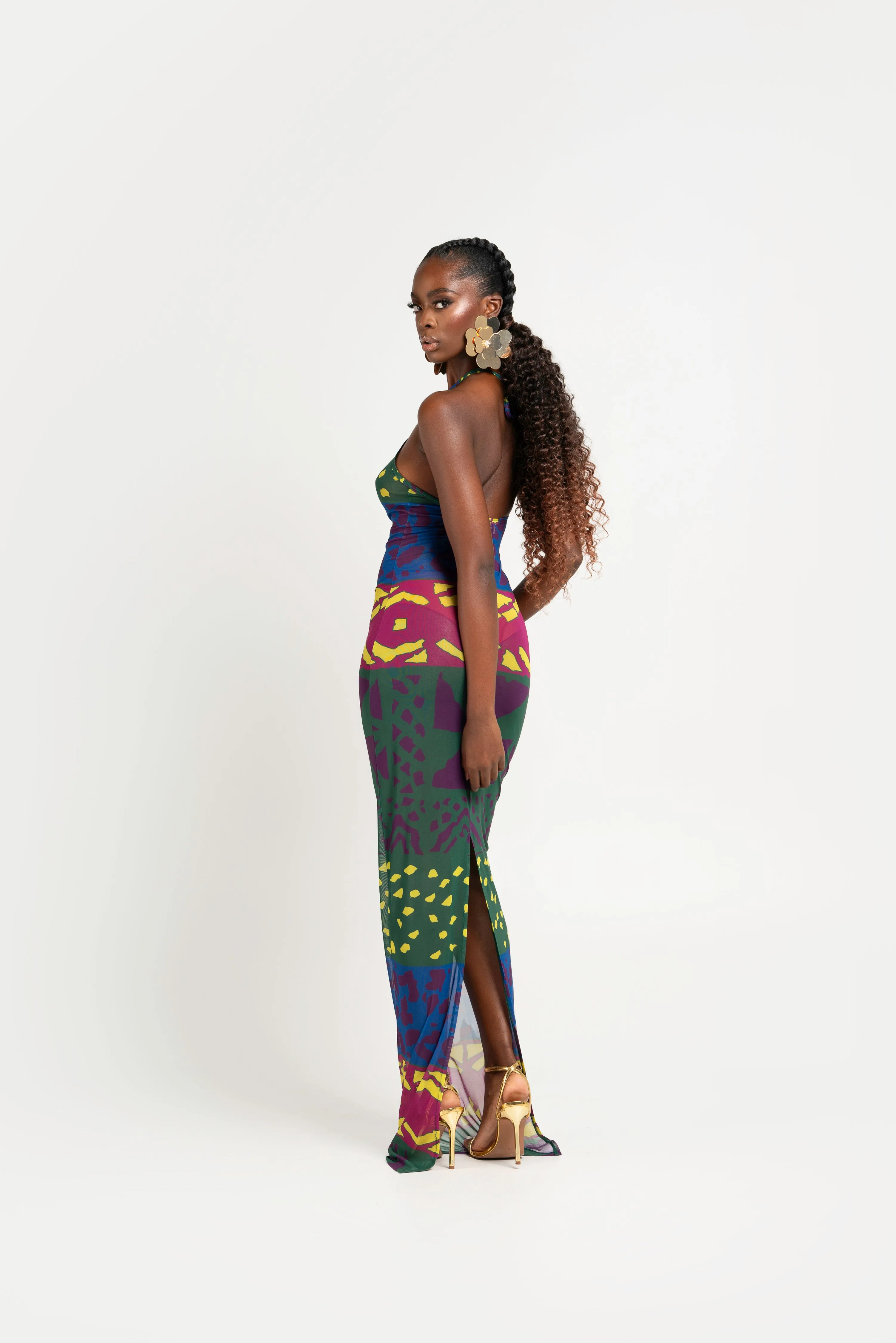 ANU GREEN HALTER MAXI MESH DRESS