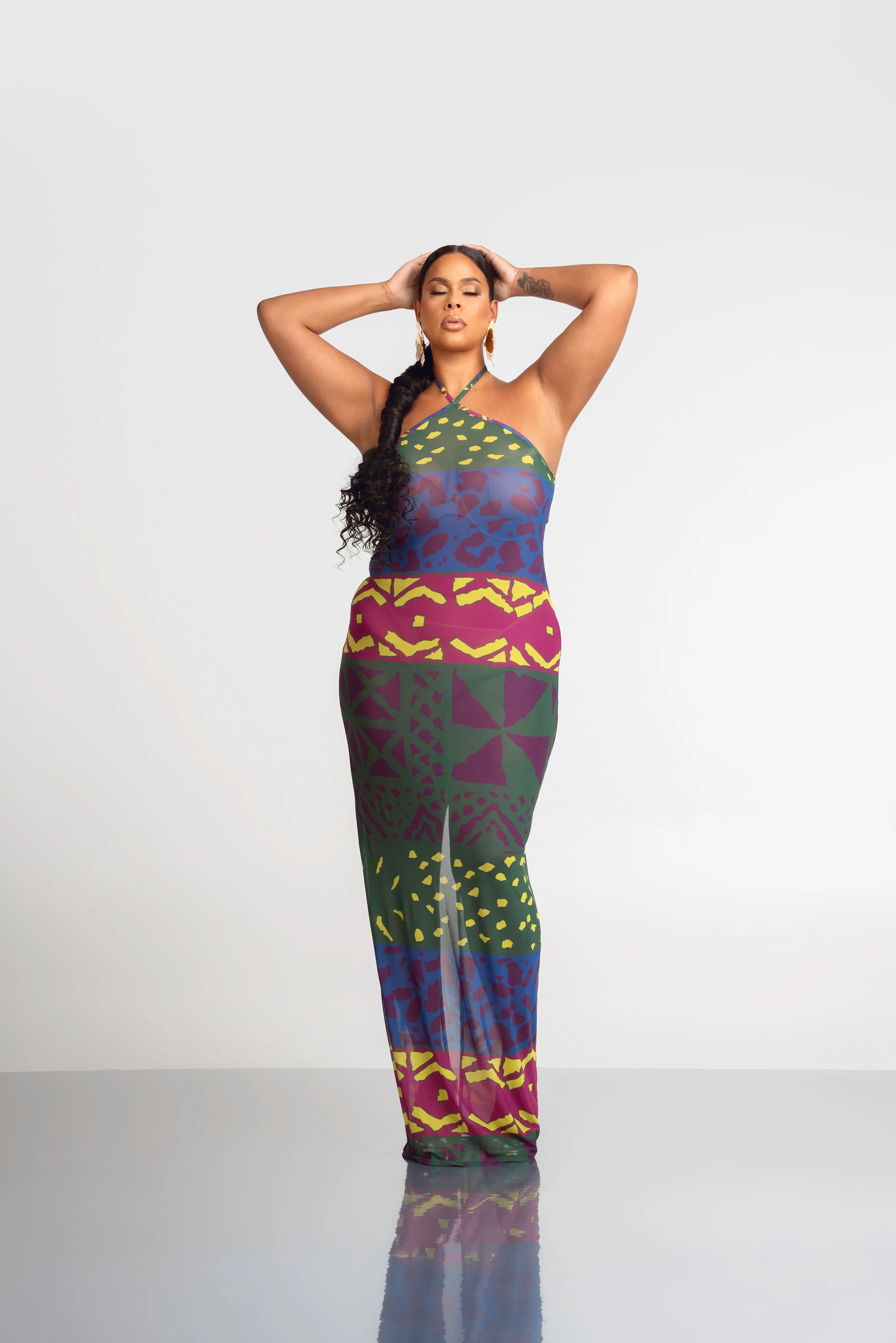 ANU GREEN HALTER MAXI MESH DRESS