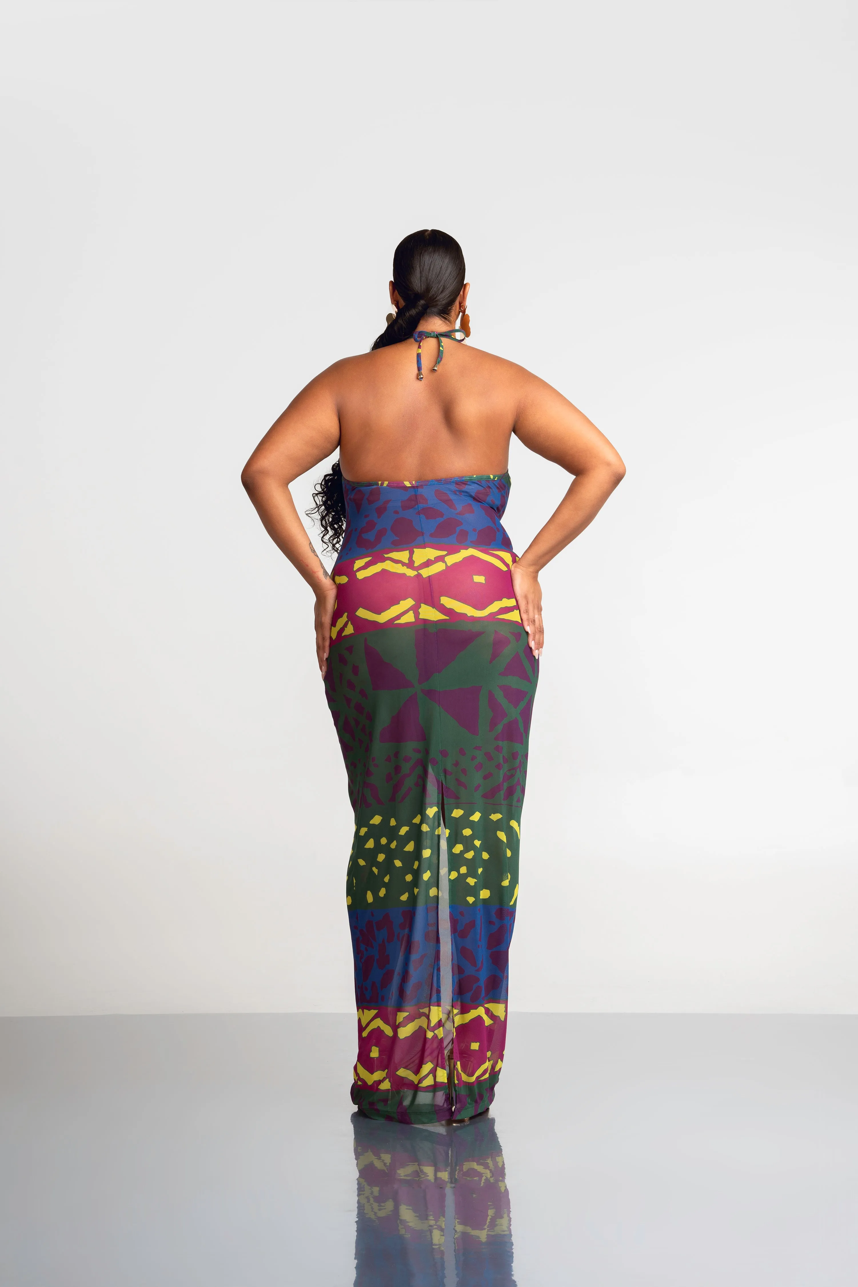 ANU GREEN HALTER MAXI MESH DRESS