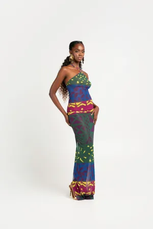 ANU GREEN HALTER MAXI MESH DRESS