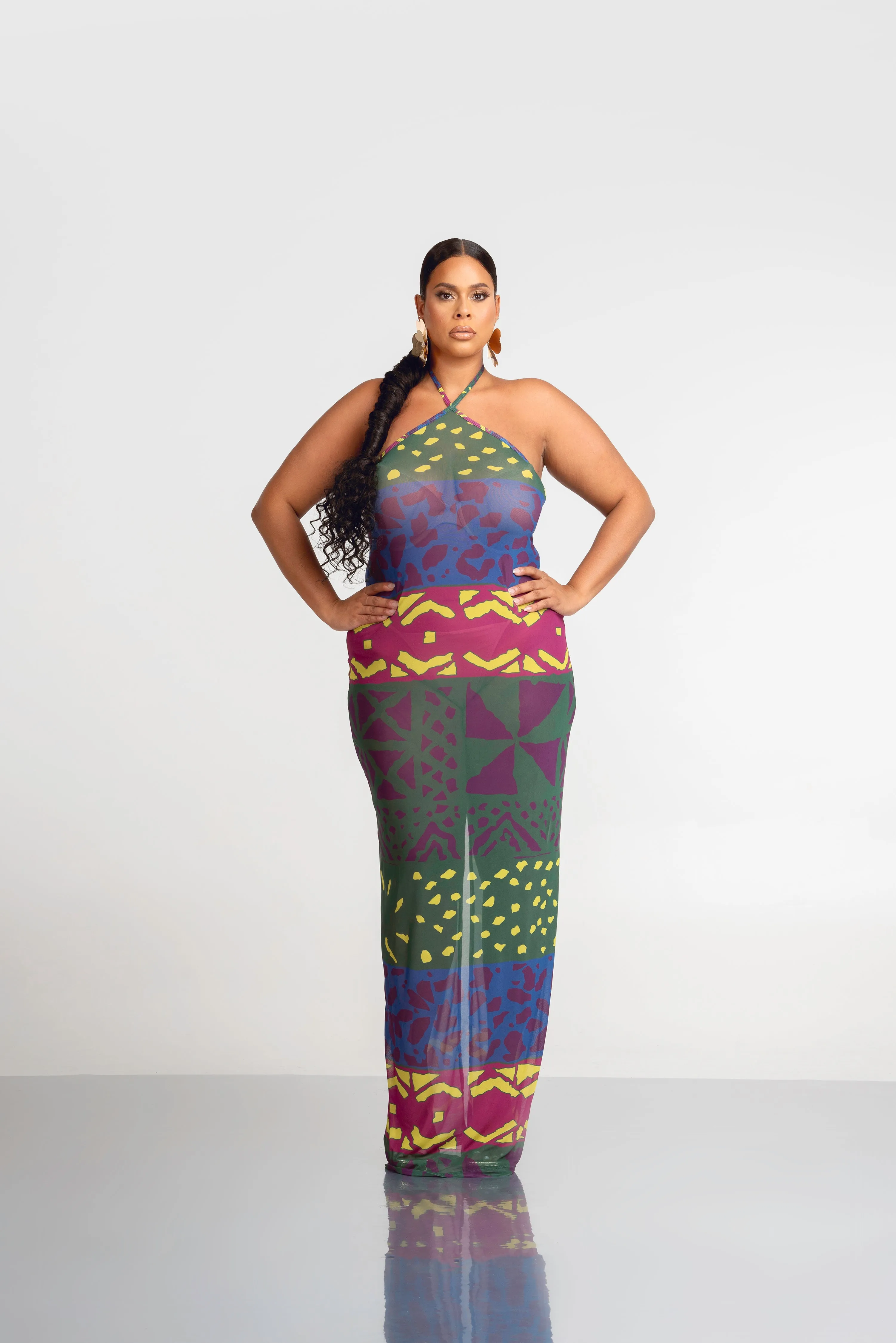 ANU GREEN HALTER MAXI MESH DRESS