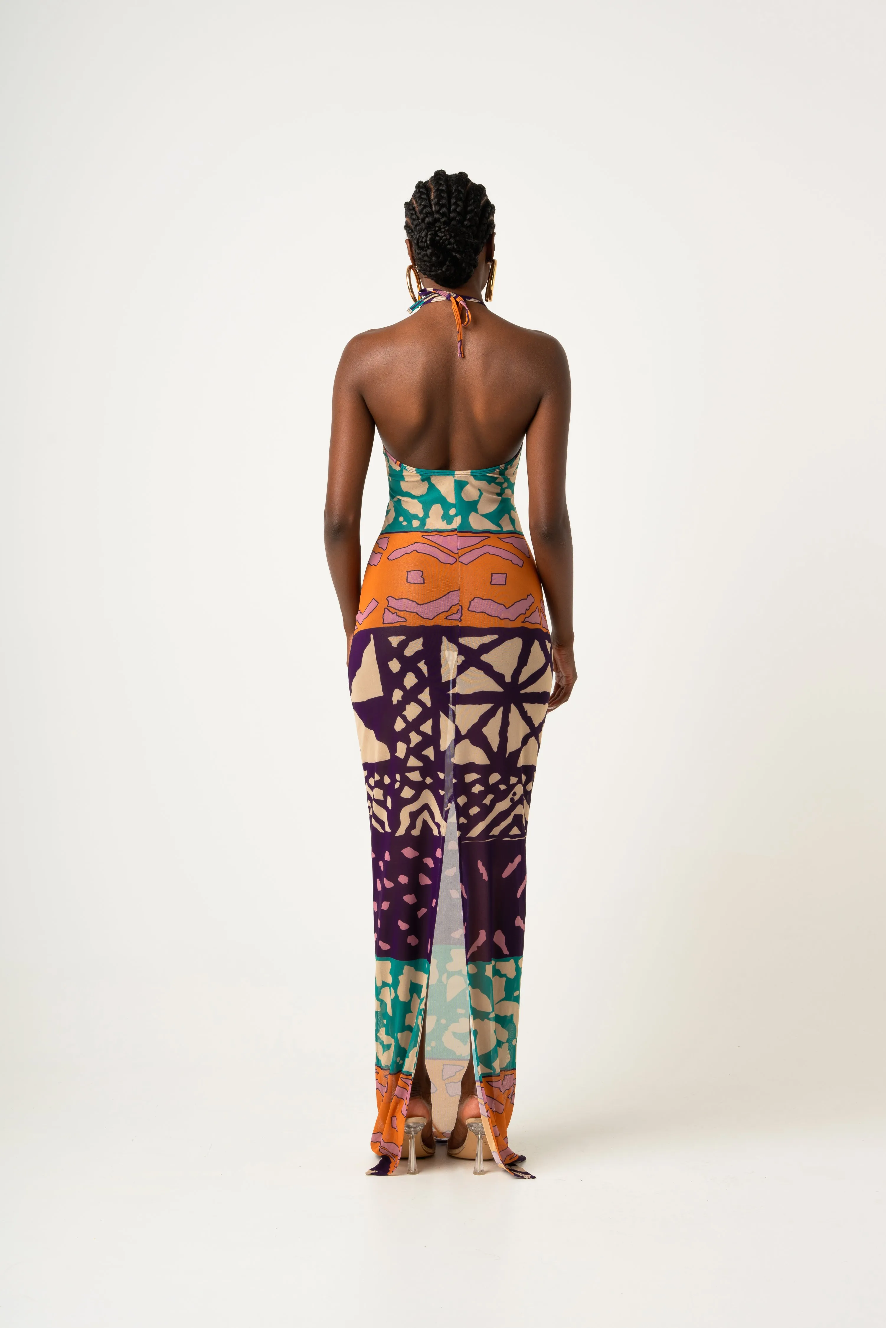 ANU PURPLE HALTER MAXI MESH DRESS