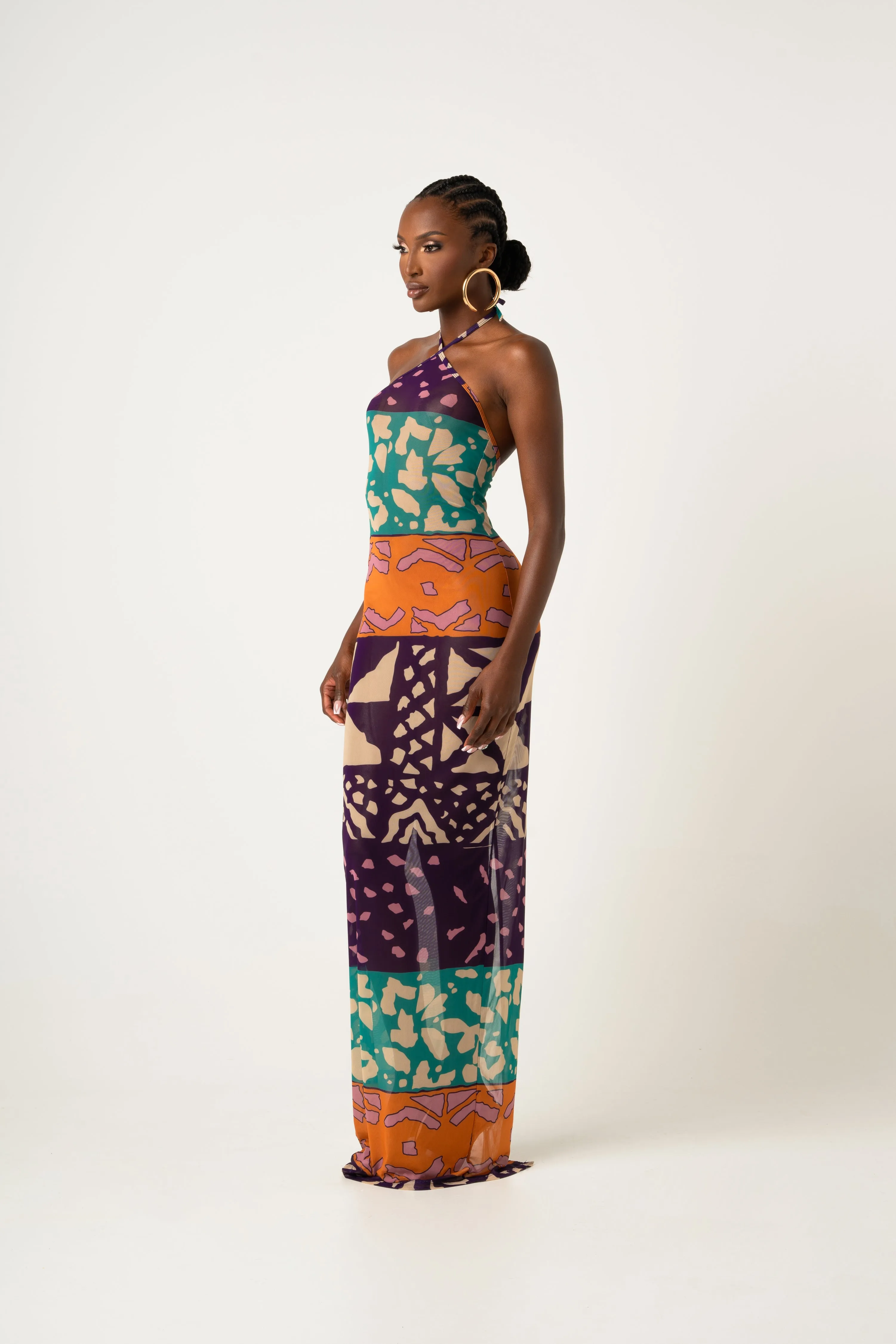 ANU PURPLE HALTER MAXI MESH DRESS