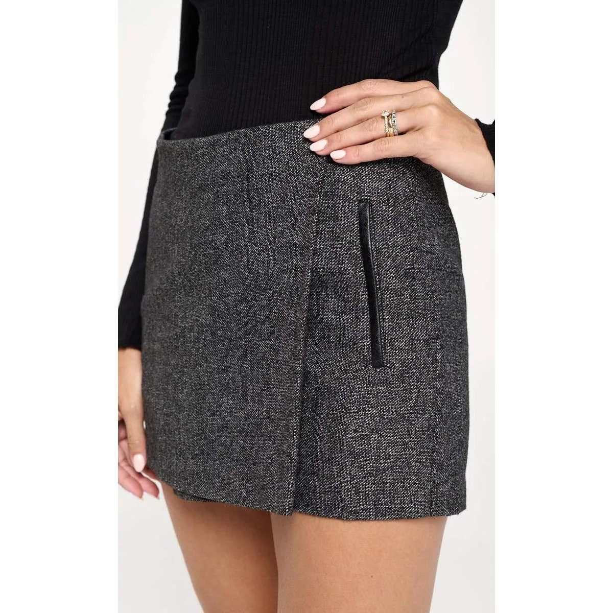 Asymmetrical Wrap Mini Skort with Faux Leather Trim