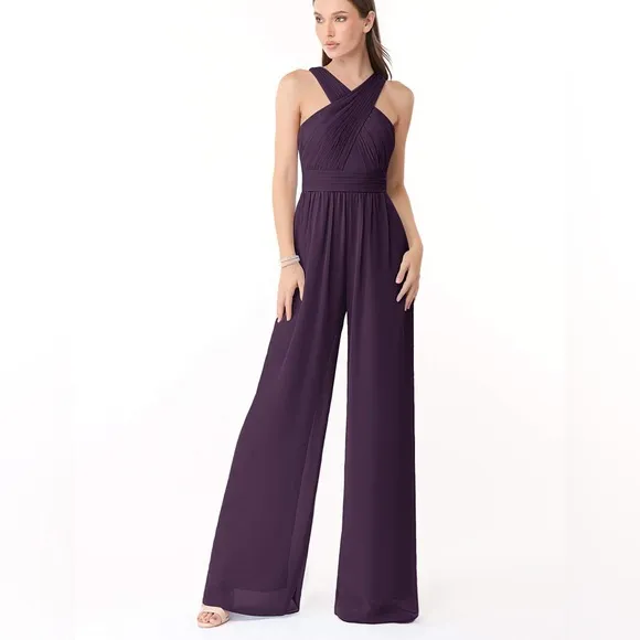 AZAZIE BERDIE Plum Halter Chiffon Jumpsuit Wedding Guest Bridal