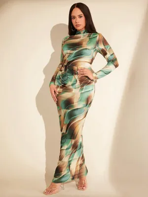 BAE Plus Size All Over Printed Stand Collar Pleated Side Bodycon Dress
