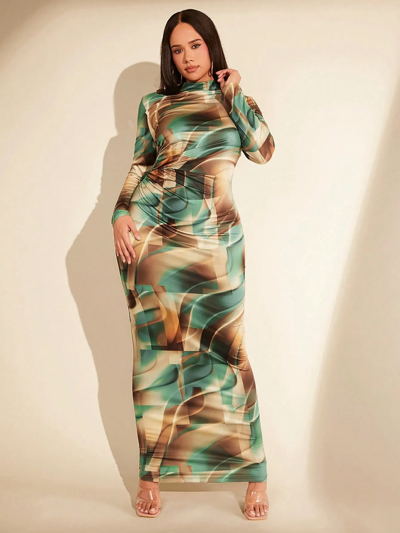 BAE Plus Size All Over Printed Stand Collar Pleated Side Bodycon Dress