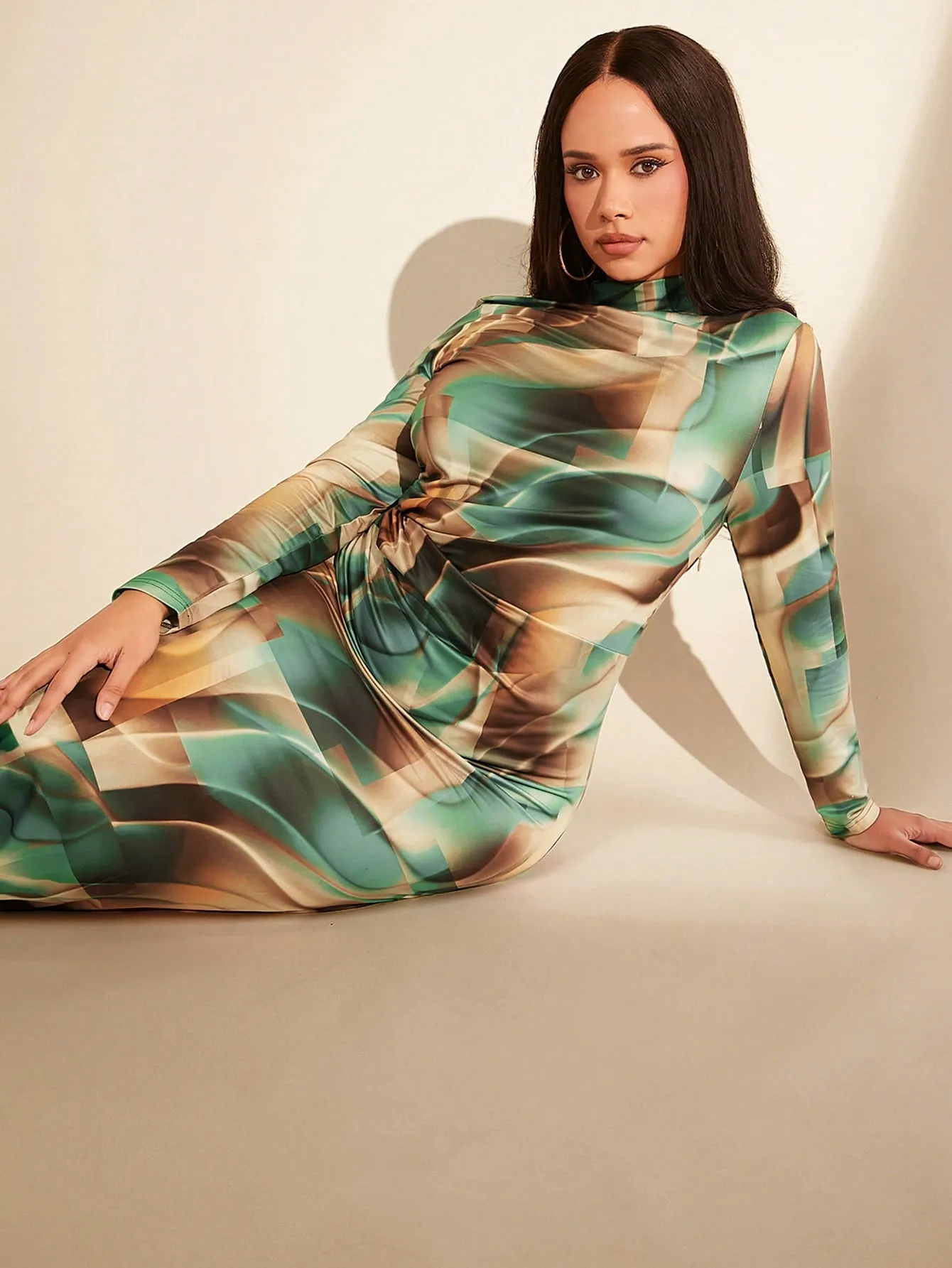 BAE Plus Size All Over Printed Stand Collar Pleated Side Bodycon Dress